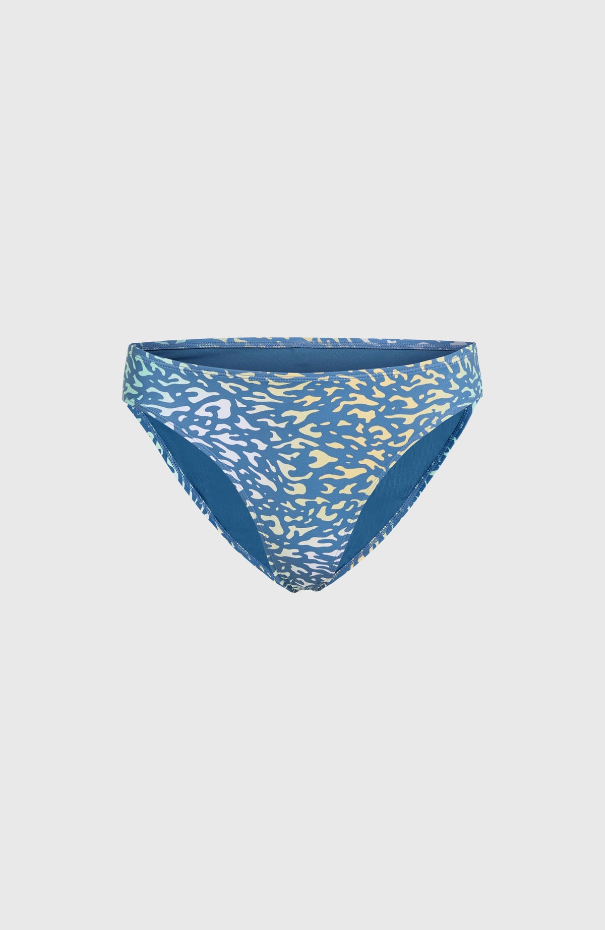 Gelbe Rita Bikinihose für Damen mit Tiermuster in Blau, flach liegend von vorne