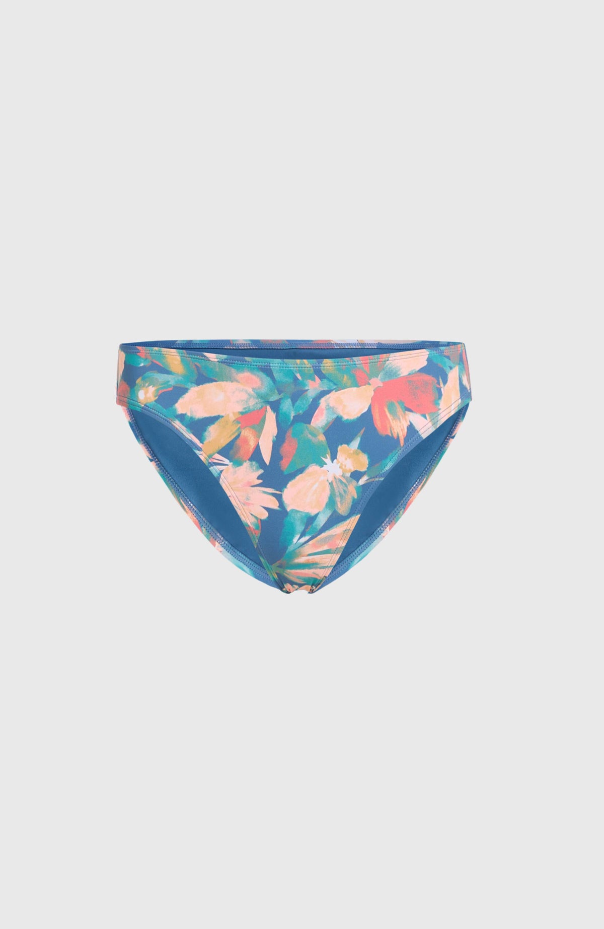 Rita Bikinihose für Damen, blau mit Blumenmuster in Rosa und Türkis, flach liegend von vorne
