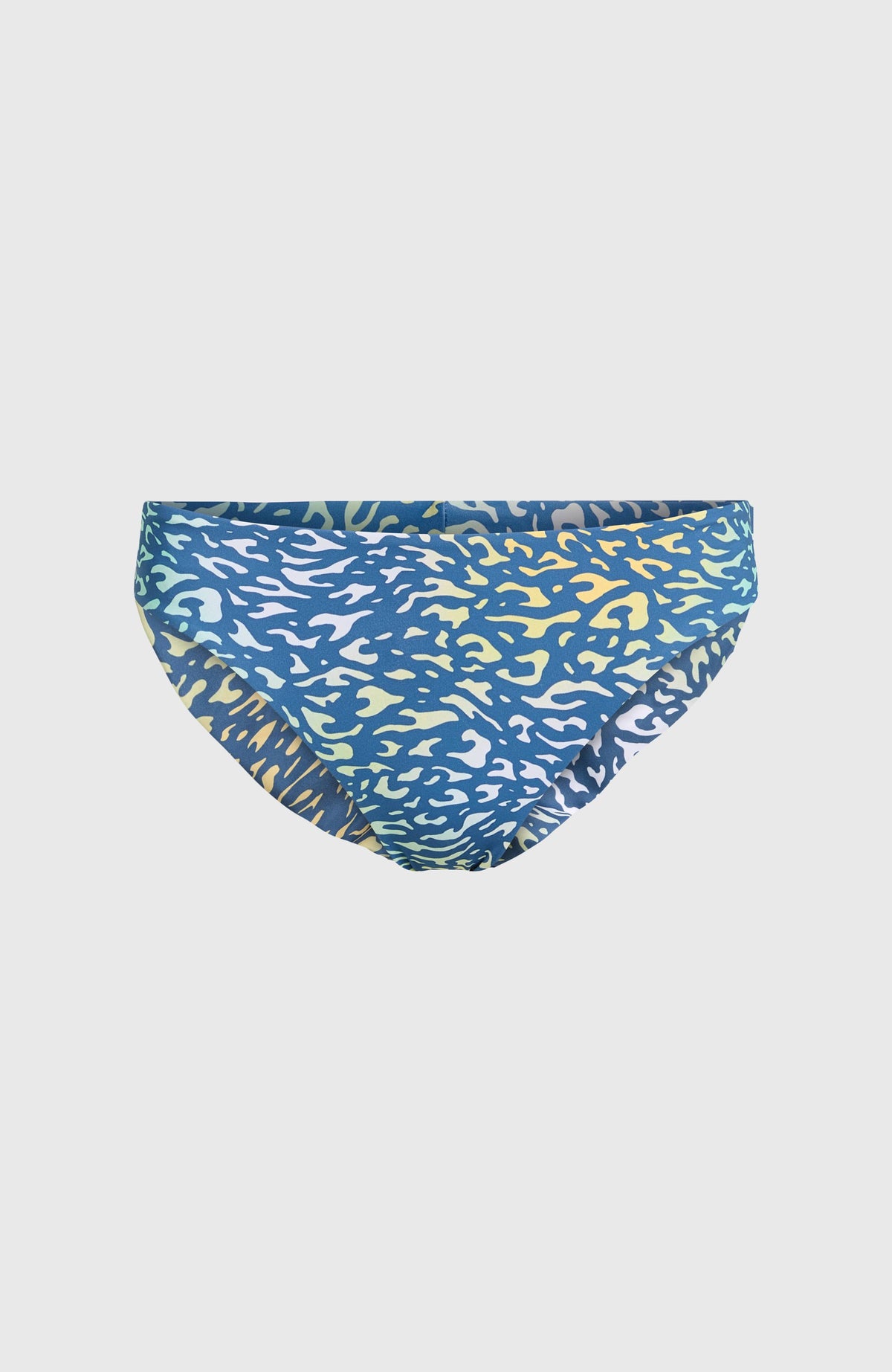 Maoi Bikinihose für Damen, gelb mit Tiermuster in Blau, freigestellt von vorne