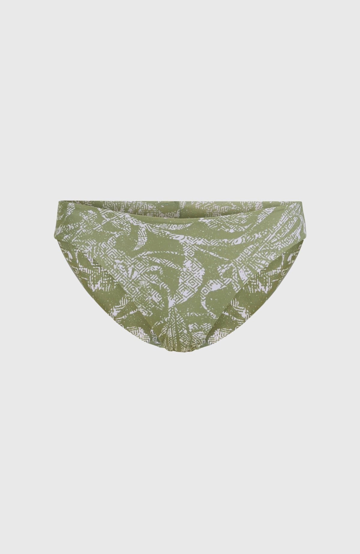 Maoi Bikinihose für Damen, grün mit Dschungelmuster in Weiß, flach liegend von vorne