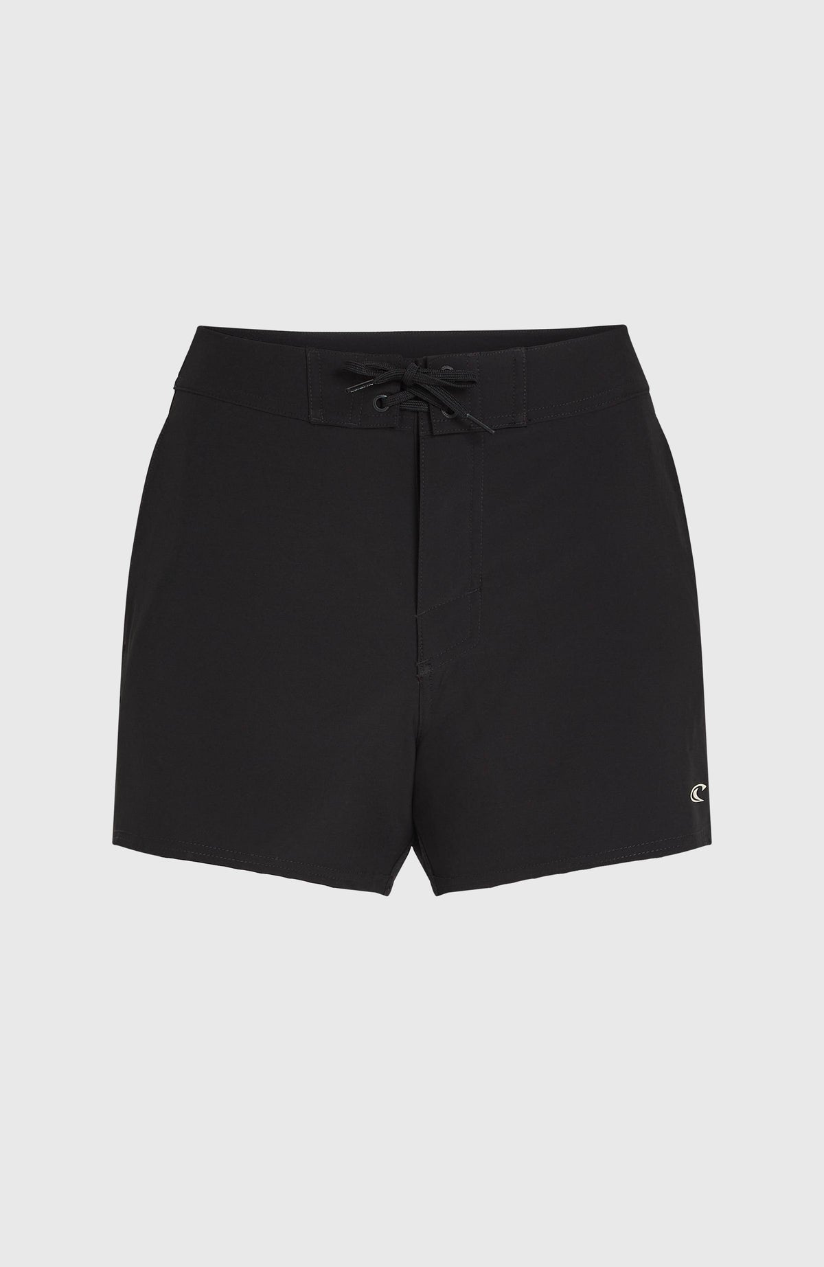 Women of the Wave 14'' Boardshorts in Schwarz, flach liegend von vorne mit Schnürung am Bund