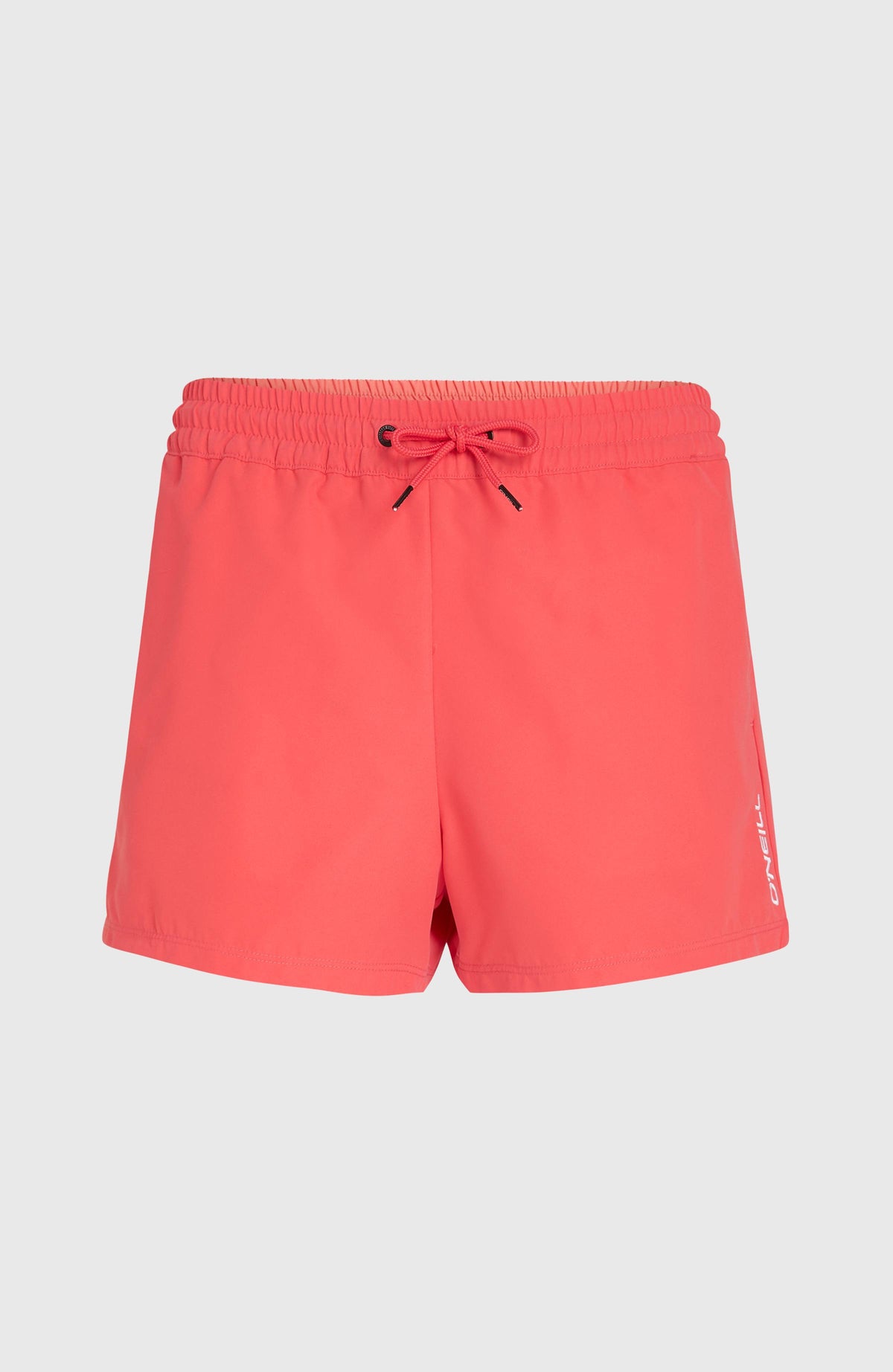 Essentials 12'' Badeshorts für Damen, pink, flach liegend von vorne mit elastischem Bund und Kordelzug