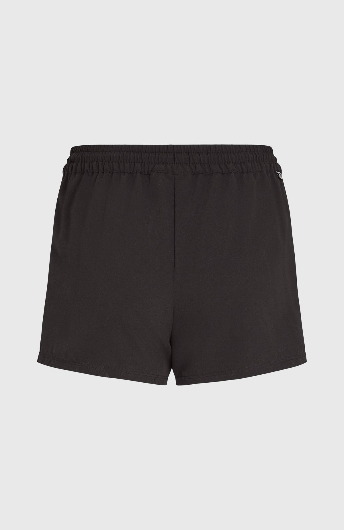Essentials 12'' Badeshorts für Damen, schwarz, flach liegend von hinten mit elastischem Bund