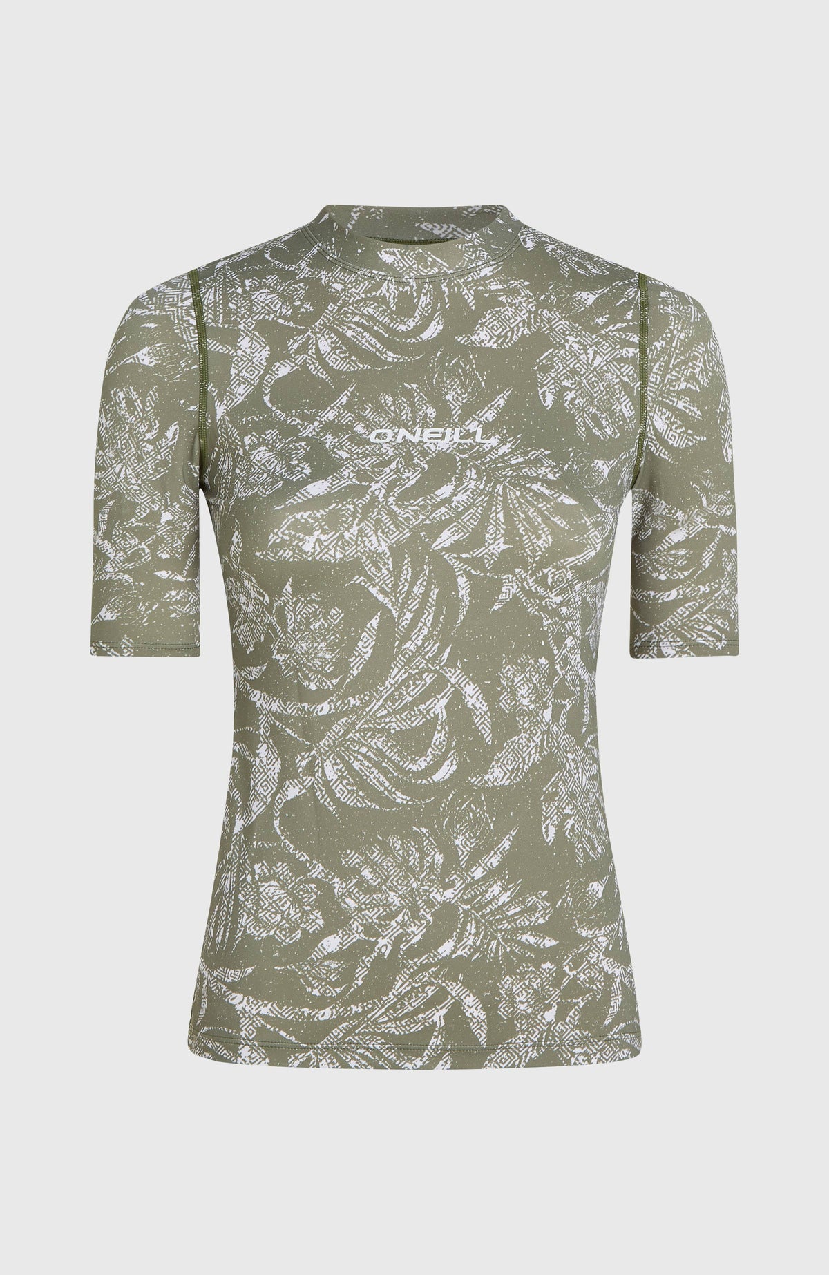 Essentials Shortsleeve-Schwimmshirt für Damen, grün mit Pflanzenmuster in Weiß, freigestellt von vorne