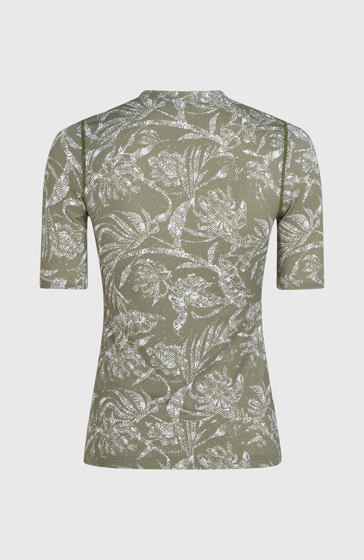 Essentials Shortsleeve-Schwimmshirt für Damen, grün mit Pflanzenmuster in Weiß, freigestellt von hinten