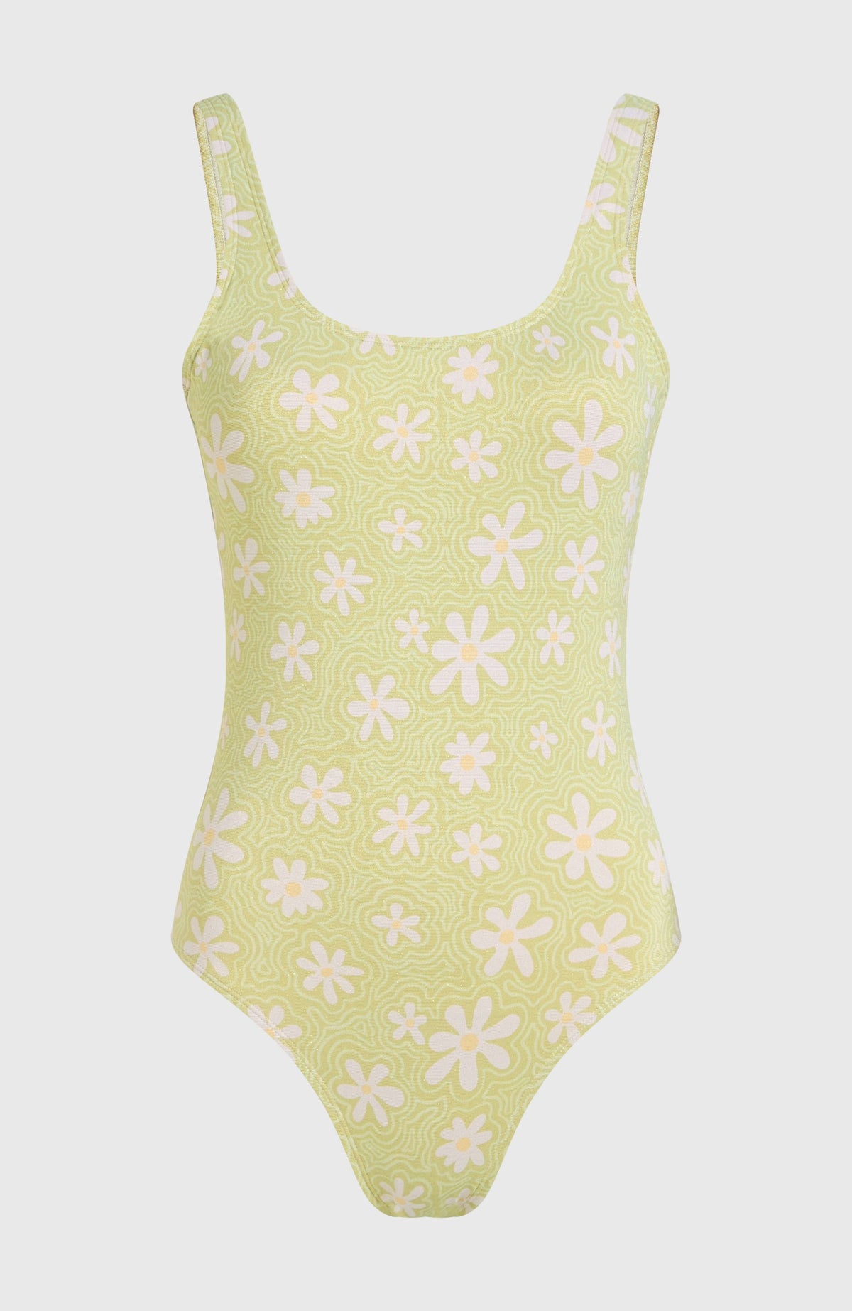 Beach Vintage Badeanzug für Damen, grün mit Blumenmuster in Weiß, freigestellt von vorne