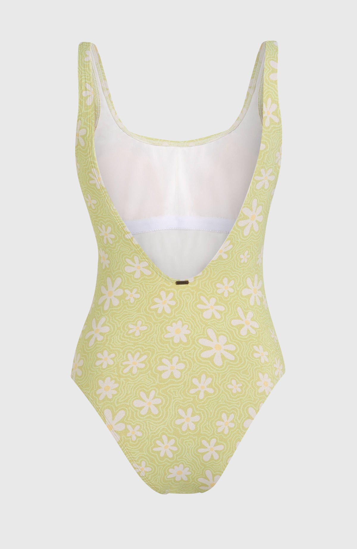 Beach Vintage Badeanzug für Damen, grün mit Blumenmuster in Weiß, freigestellt von hinten mit Rückenausschnitt