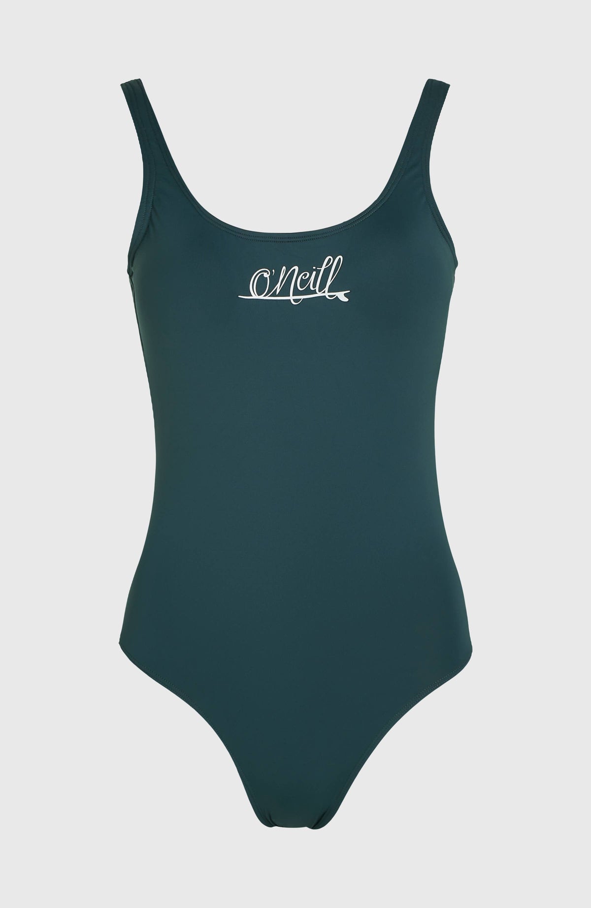 Essentials Script Badeanzug für Damen, blau mit Logo-Print in Weiß, freigestellt von vorne