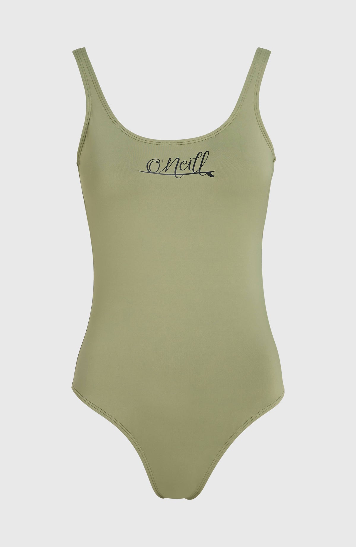 Essentials Script Badeanzug für Damen, grün mit Logo-Print in Schwarz, flach liegend von vorne