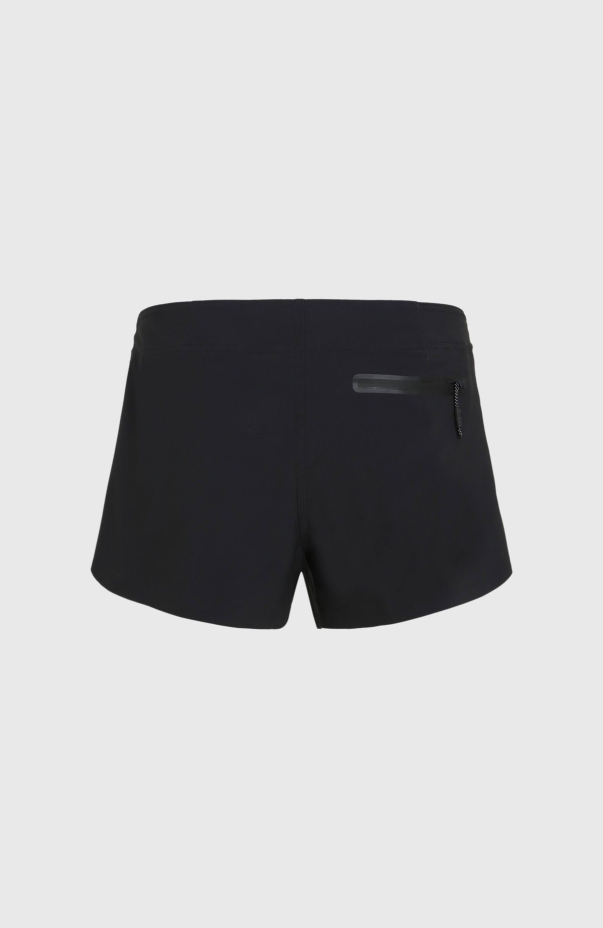 Hyperfreak Tech Boardshorts für Damen in Schwarz, freigestellt von hinten mit Reißverschlusstasche
