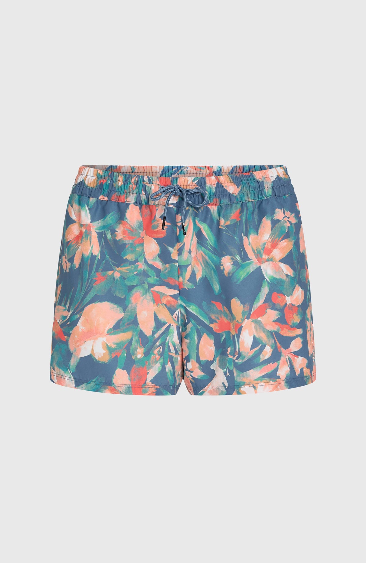 Essentials Print 12'' Badeshorts, blau mit Blumenmuster in Orange und Grün, flach liegend von vorne mit Kordelzug