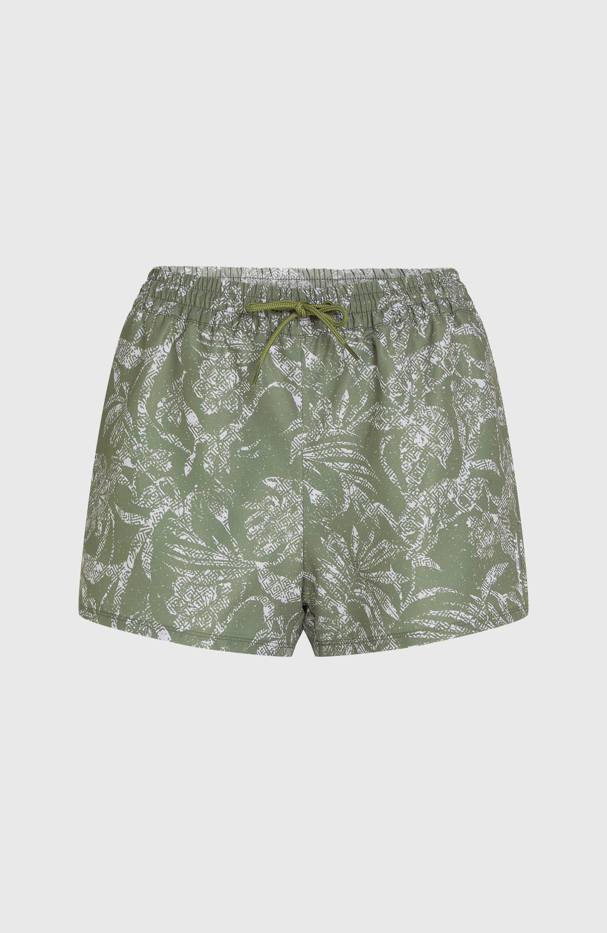 O'Neill Essentials Print 12'' Badeshorts für Damen, grün mit Blattmuster in Weiß, flach liegend von vorne mit Kordelzug