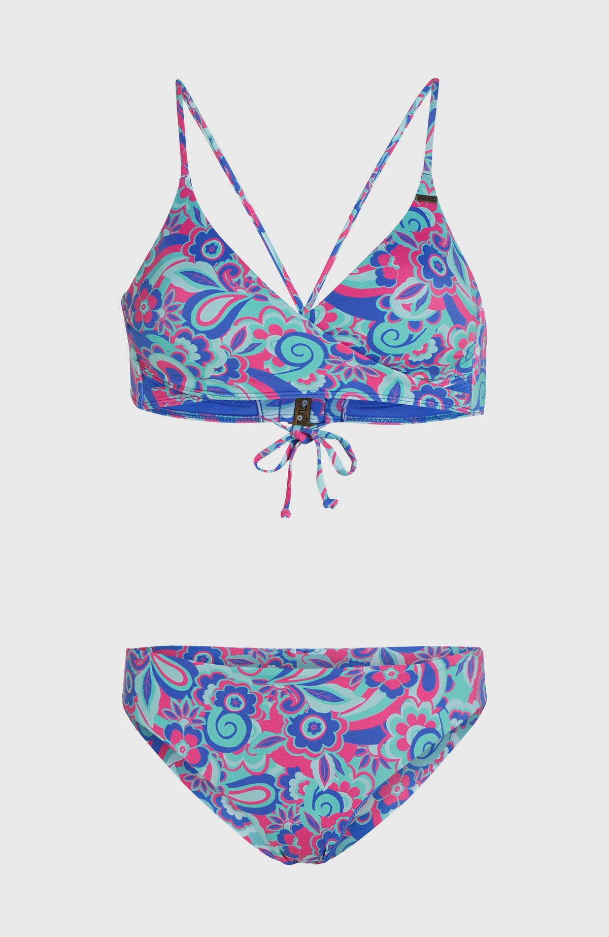 Baay Maoi Bikini-Set für Damen, pink mit Blumenmuster in Blau und Türkis, freigestellt von vorne
