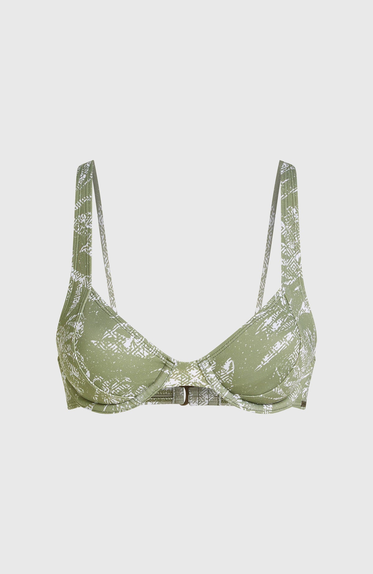 Elsie Bikini-Oberteil mit Bügeln für Damen, grün mit Dschungelmuster in Weiß, freigestellt von vorne mit Verschluss