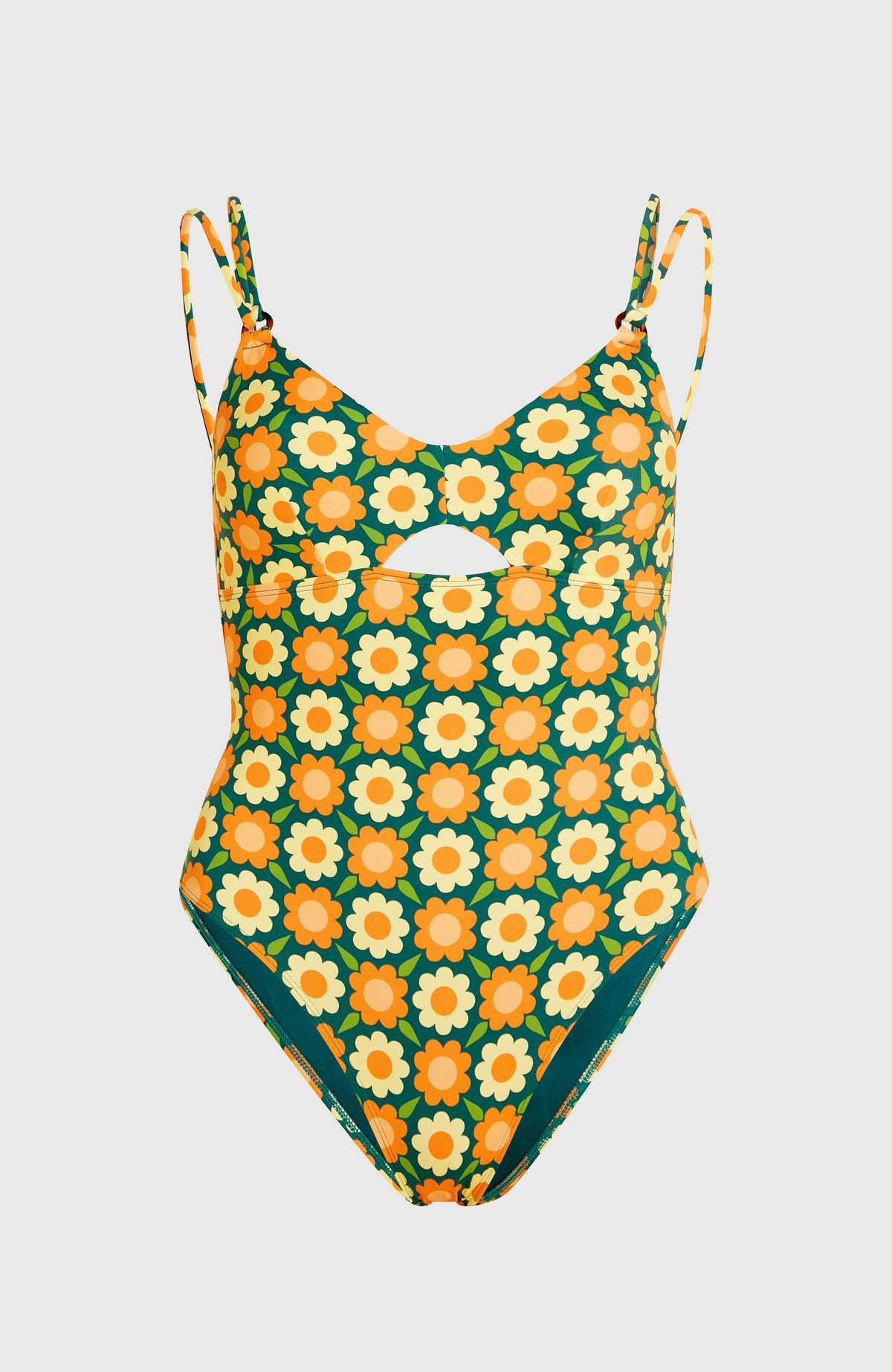 O'Riginals Badeanzug für Damen, grün mit Blumenmuster in Gelb und Orange, freigestellt in der Vorderansicht