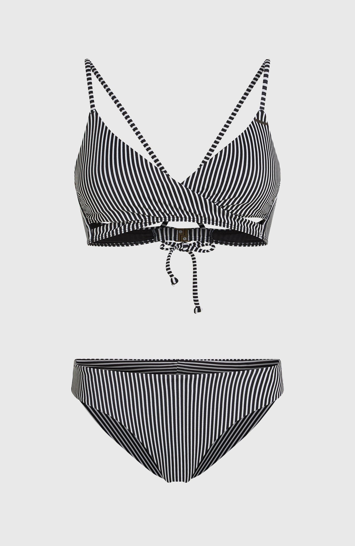 Essentials Baay Maoi Bikini-Set für Damen, schwarz mit Streifenmuster in Weiß, freigestellt von vorne