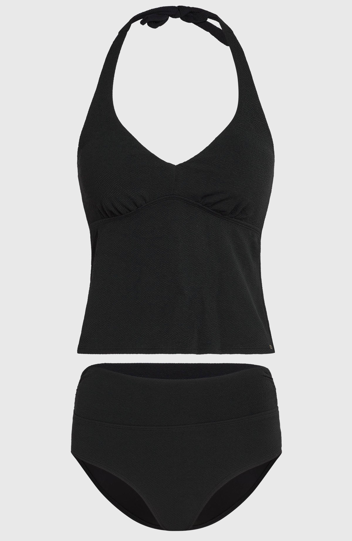 Schwarzes Tankini Bikini-Set für Damen, freigestellt von vorne mit Oberteil und Hose