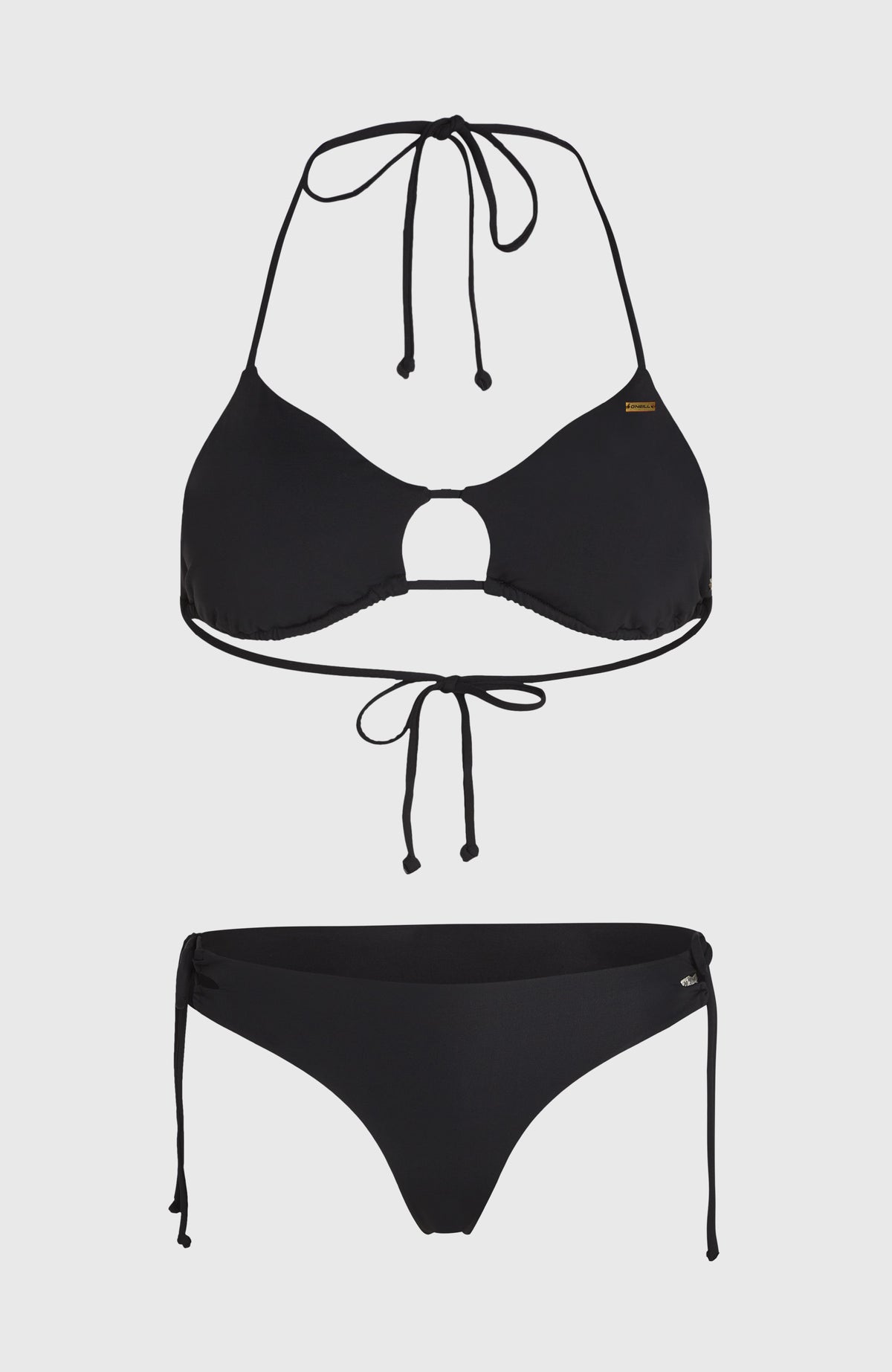 3X Schnelltrocknendes Bikini-Set für Damen, schwarz, freigestellt von vorne mit Cut-out und Bändern