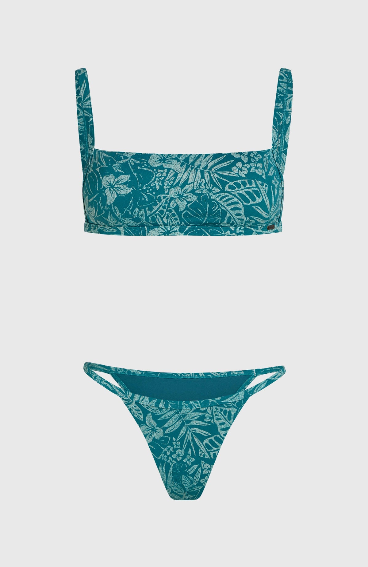 Grünes Paloma Bikini-Set für Damen mit Pflanzenmuster in Hellgrün, Oberteil und Hose freigestellt von vorne