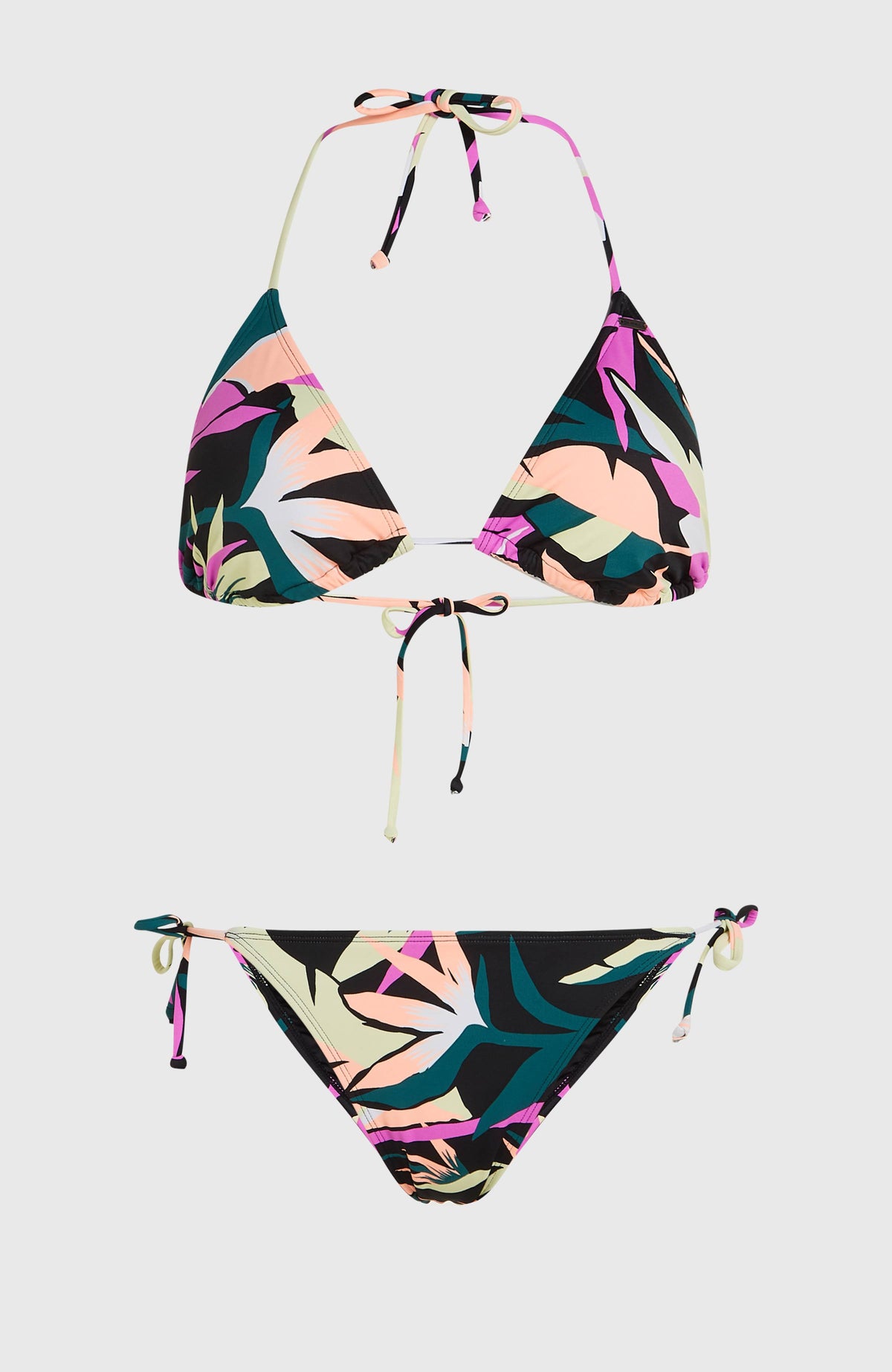 Essentials Capri Bondey Bikini-Set für Damen, schwarz mit Tropenmuster in Pink und Grün, flach liegend von vorne