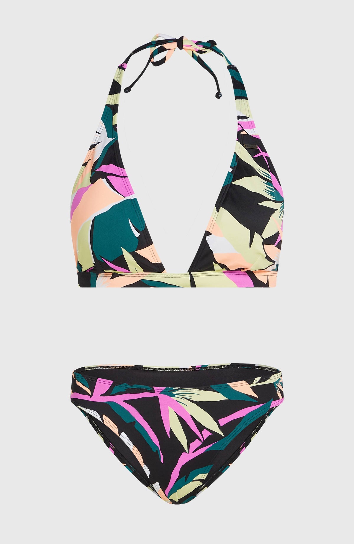 Essentials Marga Cruz Bikini-Set für Damen, schwarz mit Tropenmuster in Pink und Grün, flach liegend von vorne