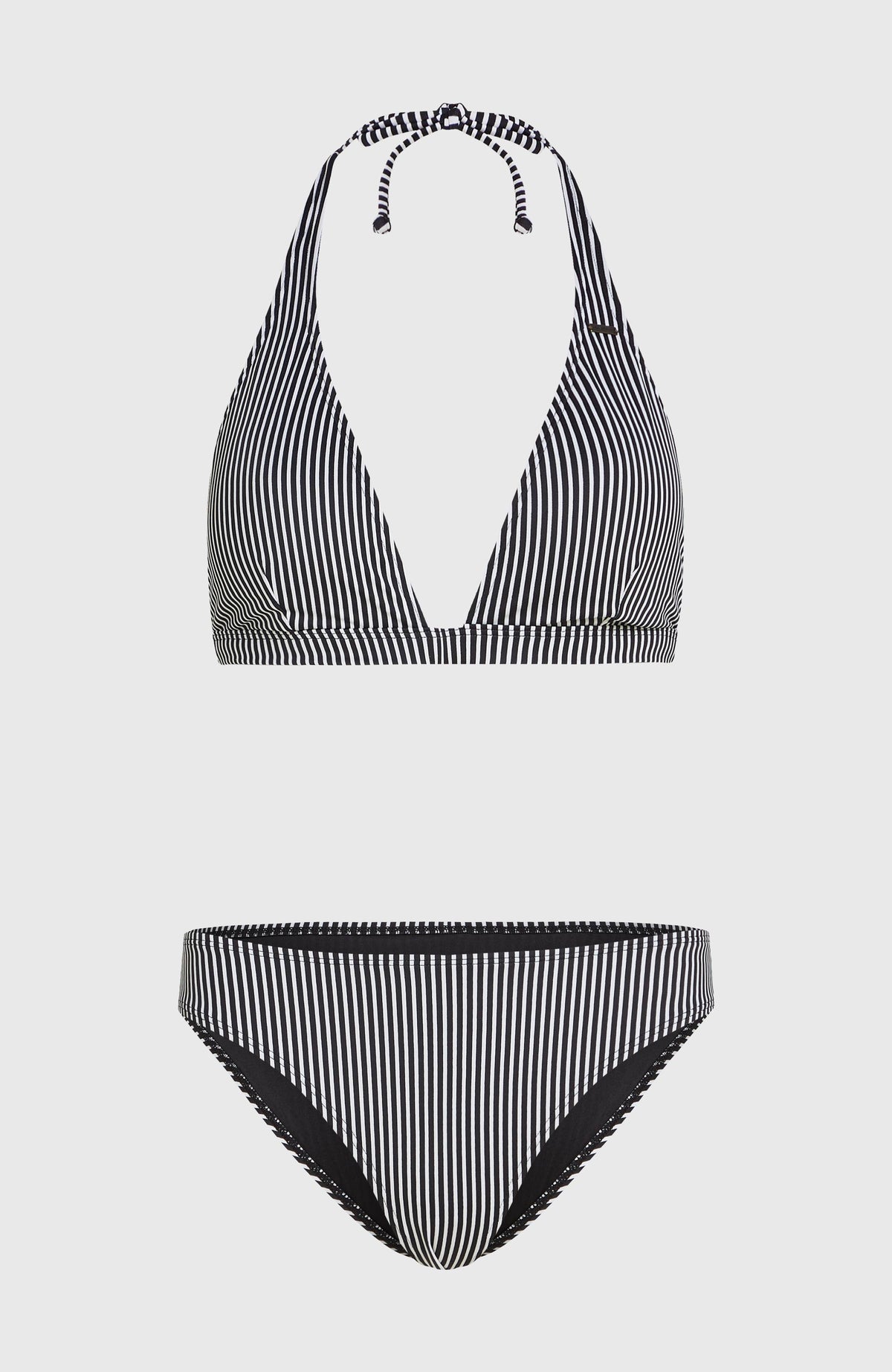 Essentials Marga Cruz Bikini-Set für Damen, schwarz mit Streifenmuster in Weiß, freigestellt von vorne