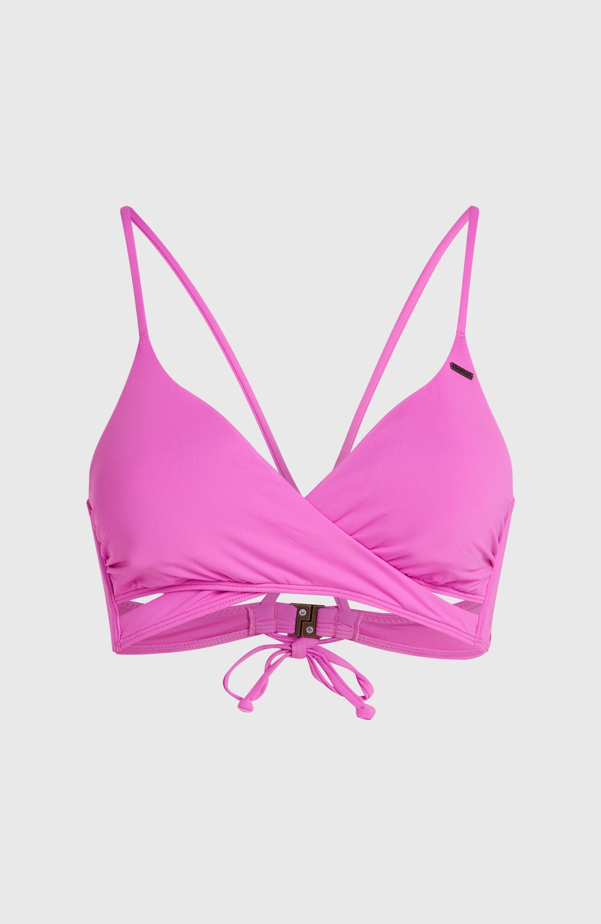 Lila Baay Bikini-Oberteil für Damen, freigestellt von vorne mit überkreuzter Wickeloptik und Bindebändern