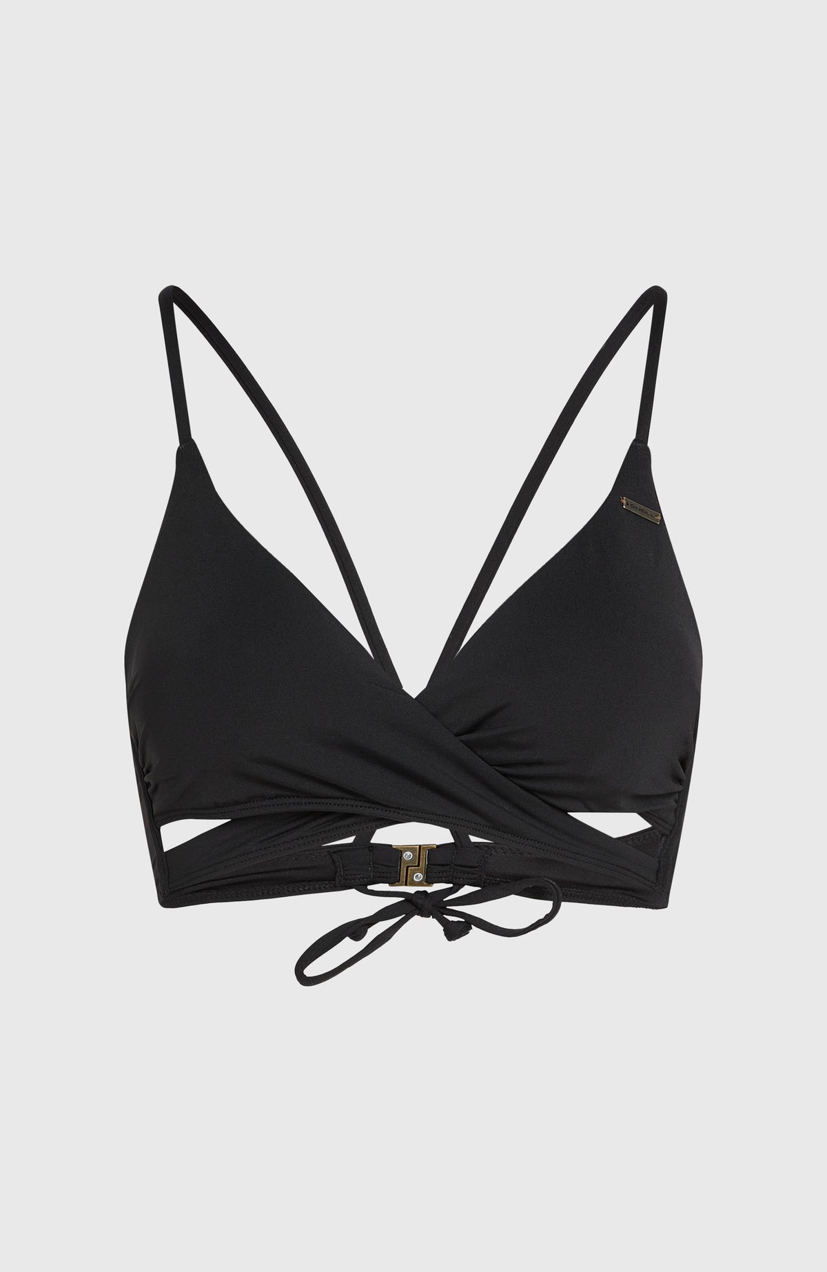 Schwarzes Baay Bikini-Oberteil für Damen, freigestellt von vorne mit Wickeleffekt und Schleife