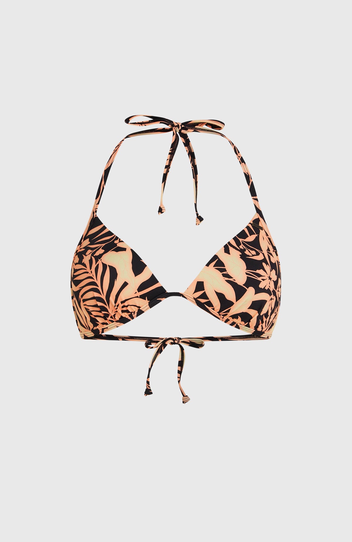 Sao Bikini-Oberteil, schwarz mit Blumenmuster in Orange, freigestellt von vorne mit Bindebändern