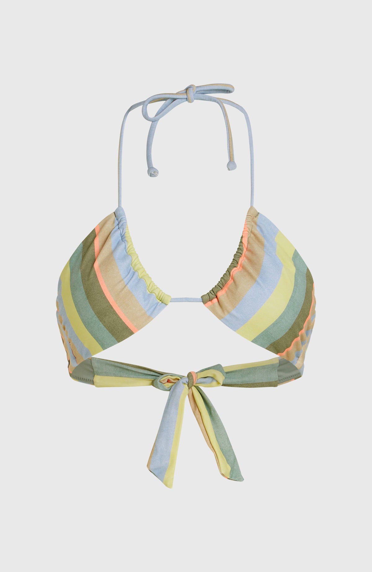 Embry 4-Style Bikini-Oberteil für Damen, gelb mit Streifenmuster in Blau und Grün, freigestellt von vorne
