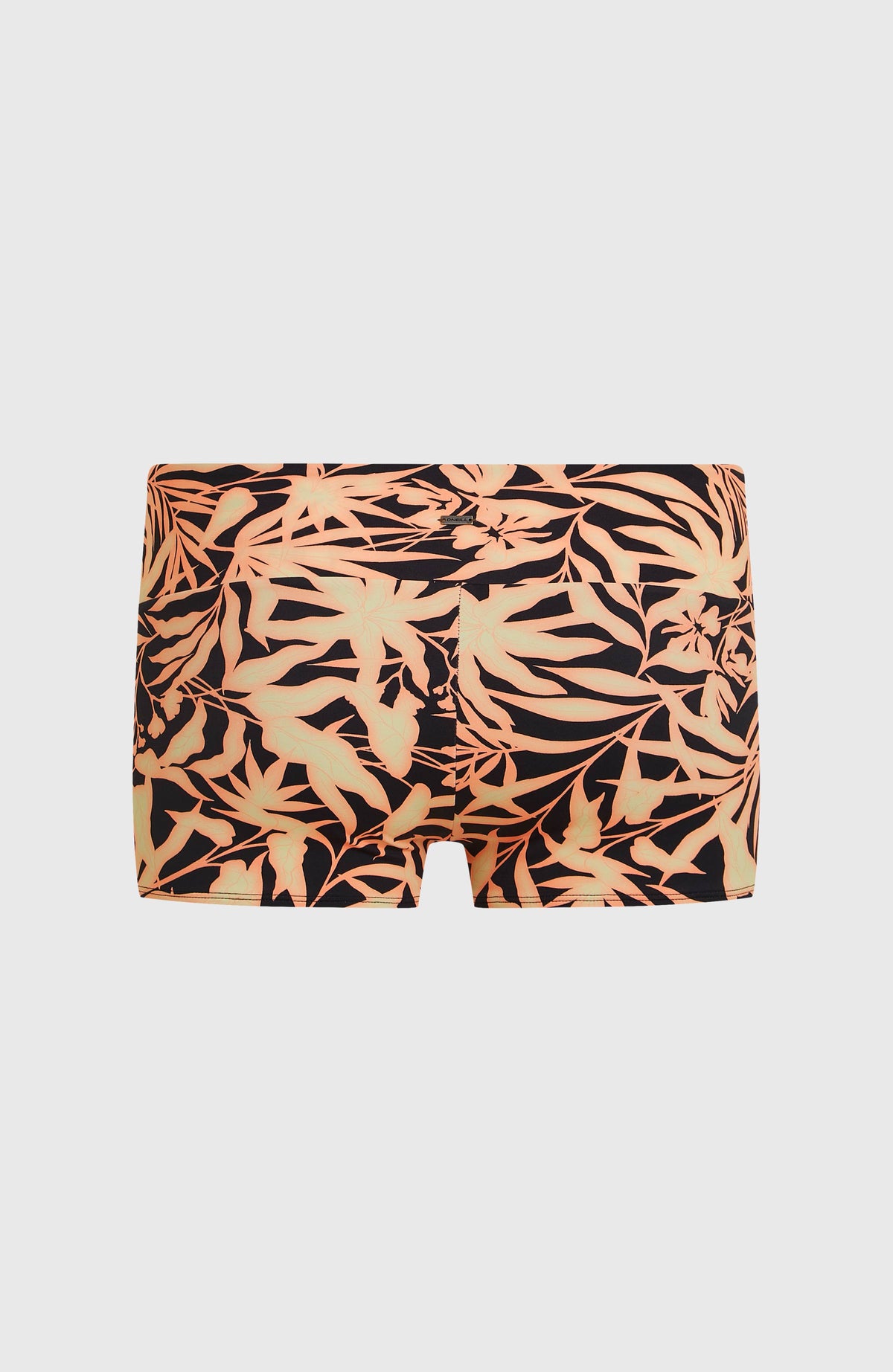 Schwarze Grenada Bikinihose mit Blättermuster in Orange, flach liegend von hinten mit Logo-Badge