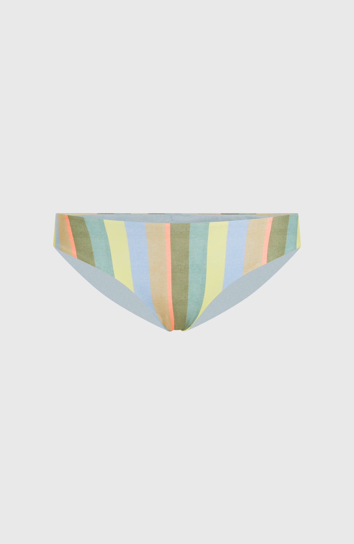 Maoi Bikinihose für Damen, gelb mit Streifenmuster in Grün und Blau, flach liegend von vorne
