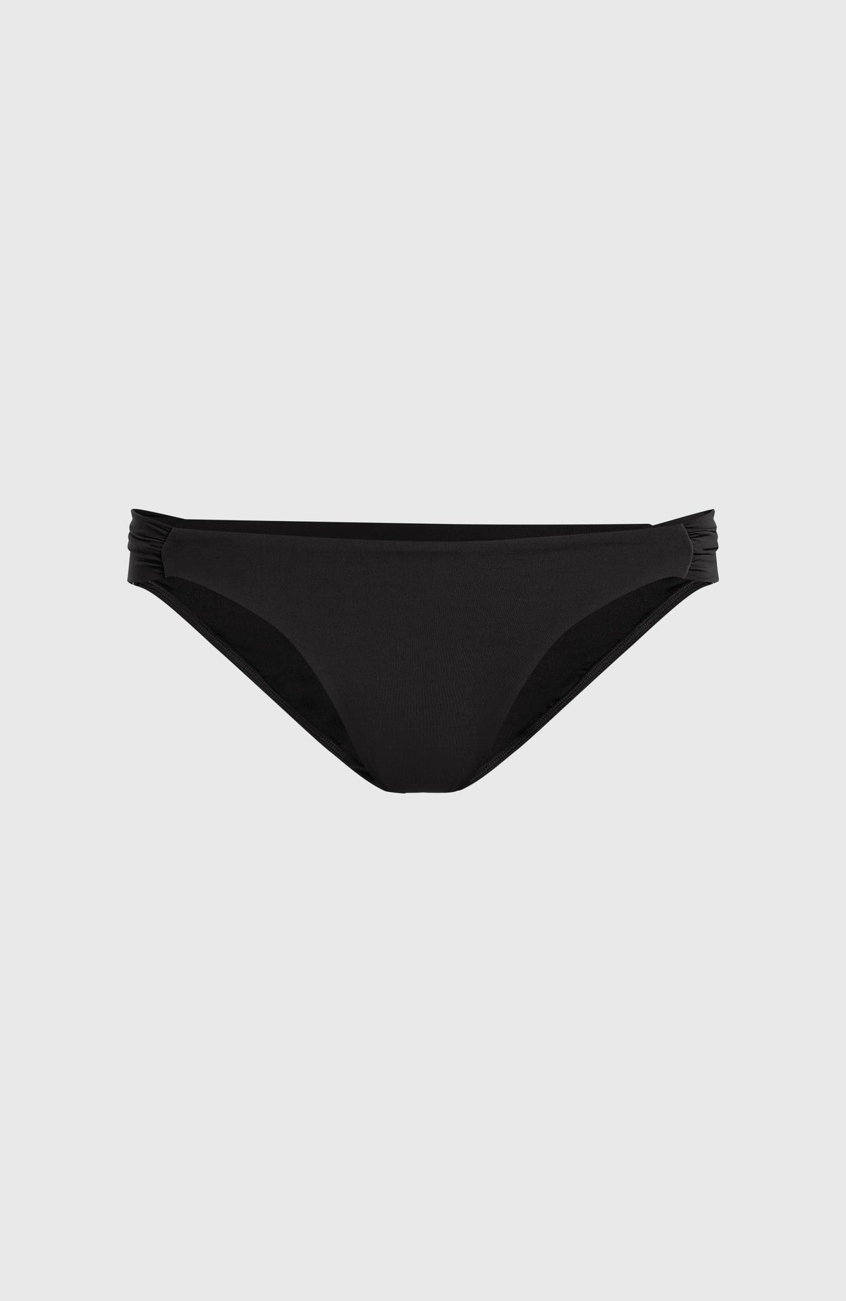 Kee Bikinihose für Damen, schwarz, flach liegend von vorne mit gerafften Seitenabschlüssen