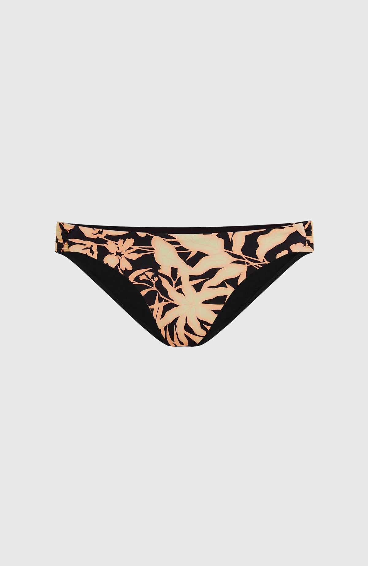 Kee Bikinihose für Damen, schwarz mit Pflanzenmuster in Orange, flach liegend in der Vorderansicht
