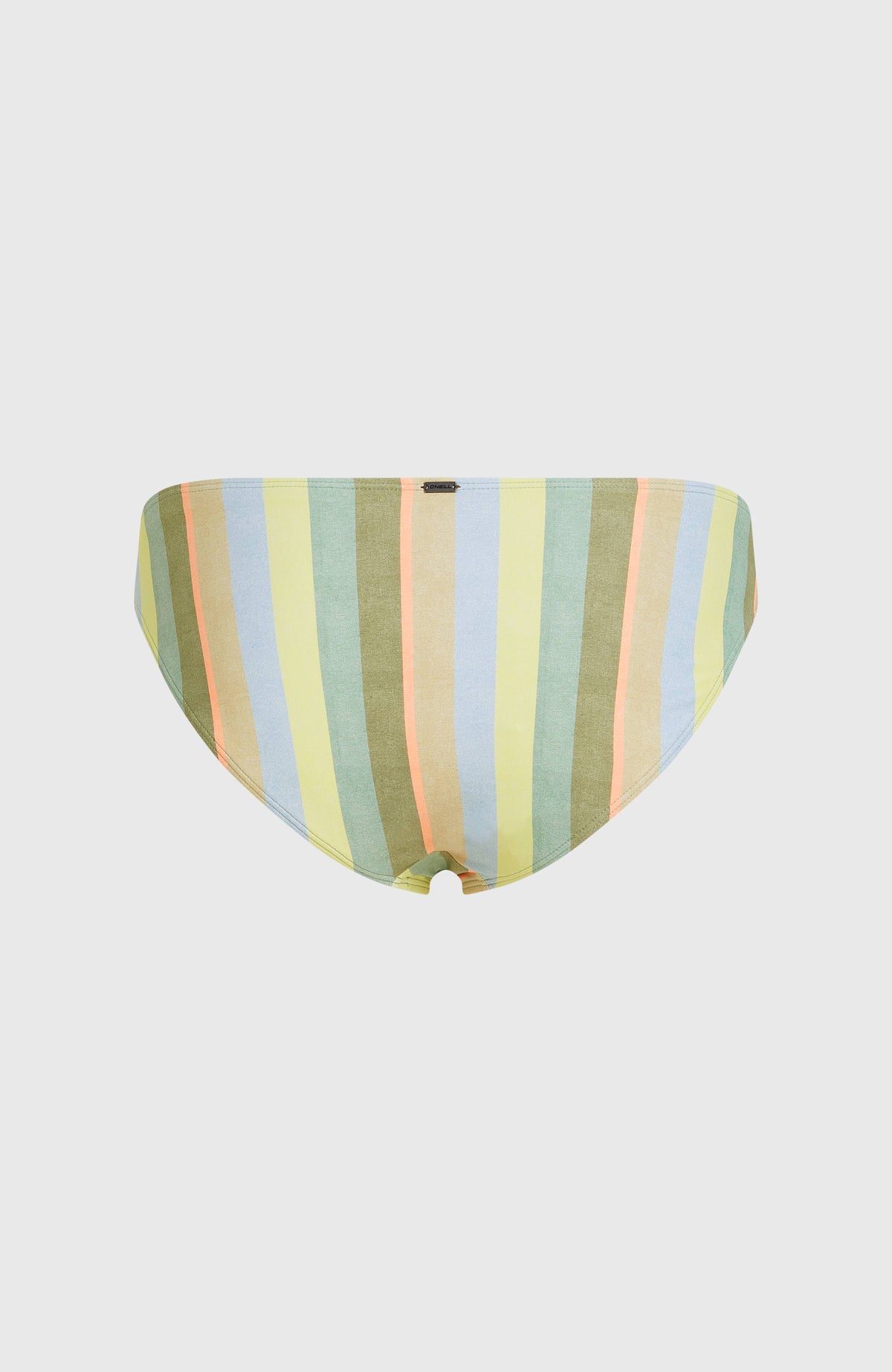 Rita Bikinihose für Damen, gelb mit Streifenmuster in Grün und Blau, freigestellt von hinten mit Logo-Badge