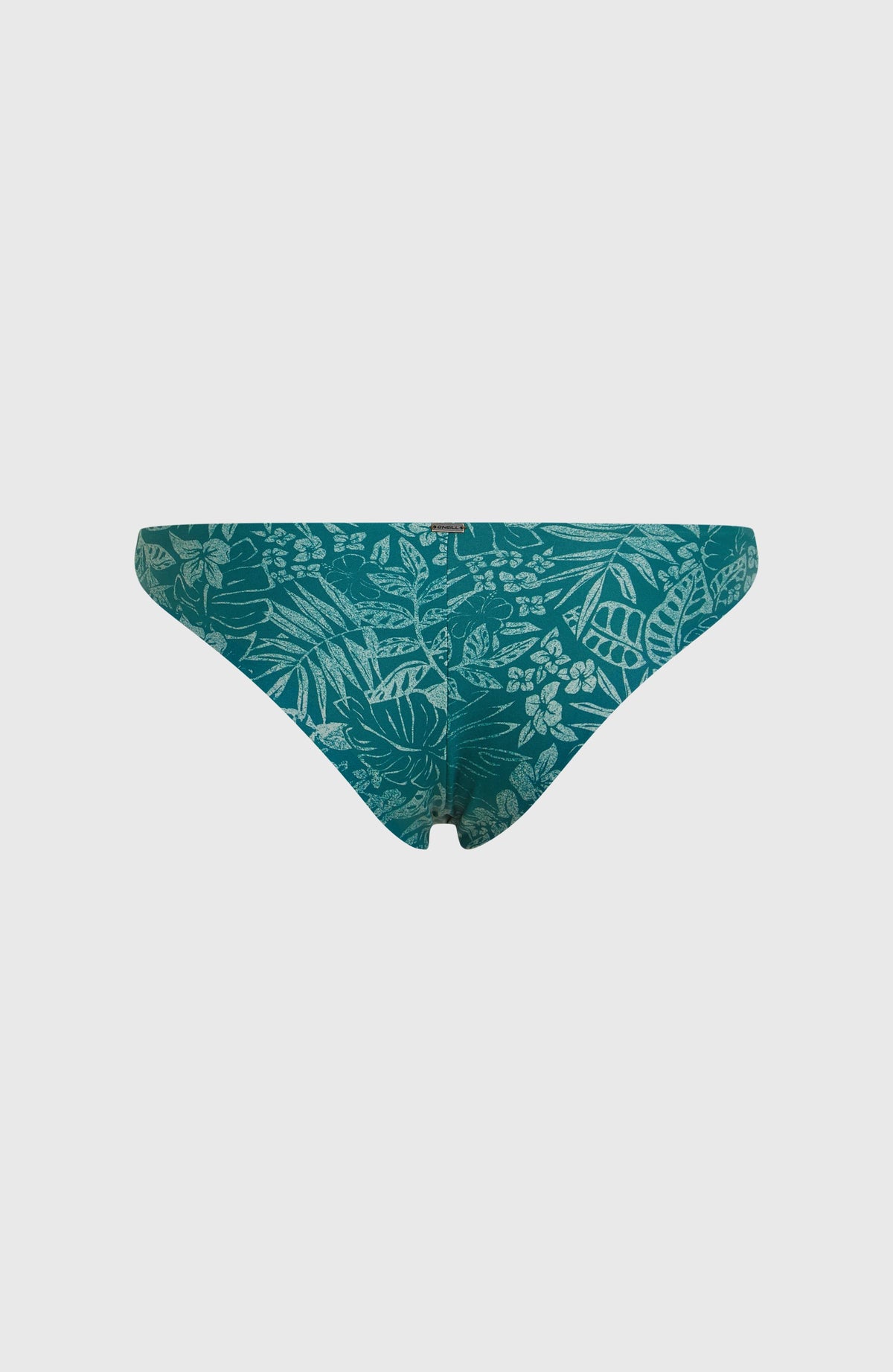 Amy Bikinihose für Damen, grün mit Pflanzenmuster in Hellgrün, freigestellt von hinten mit Metall-Logo