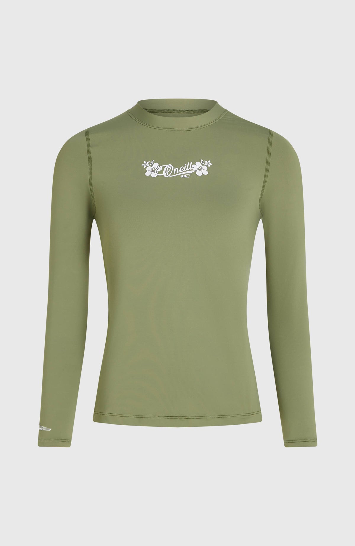 Longsleeve-UV-Shirt für Damen, grün mit Logo-Print in Weiß, freigestellt von vorne mit Stehkragen und langen Ärmeln