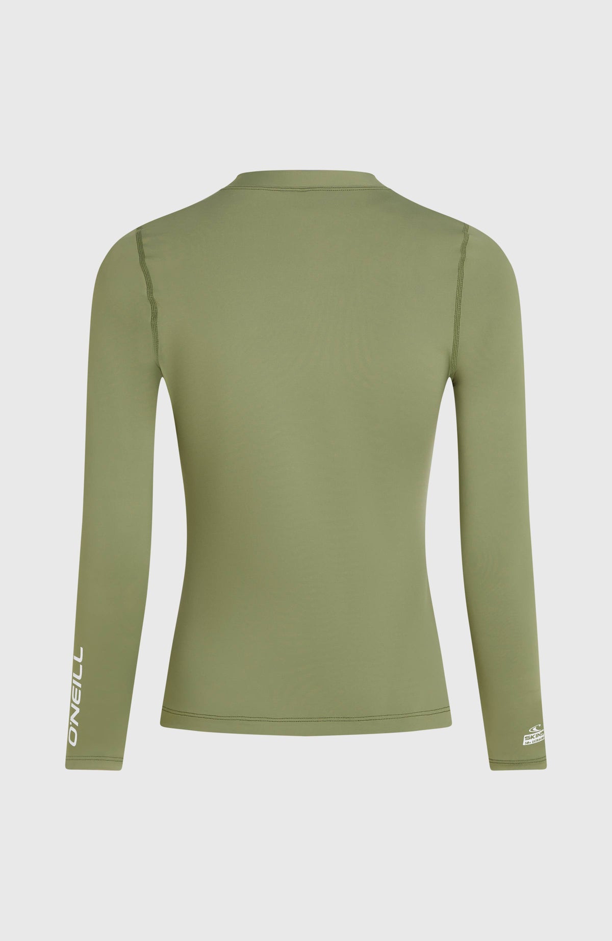Longsleeve-UV-Shirt für Damen, grün mit Logo-Print in Weiß, freigestellt von hinten mit Ärmel-Print am Saum