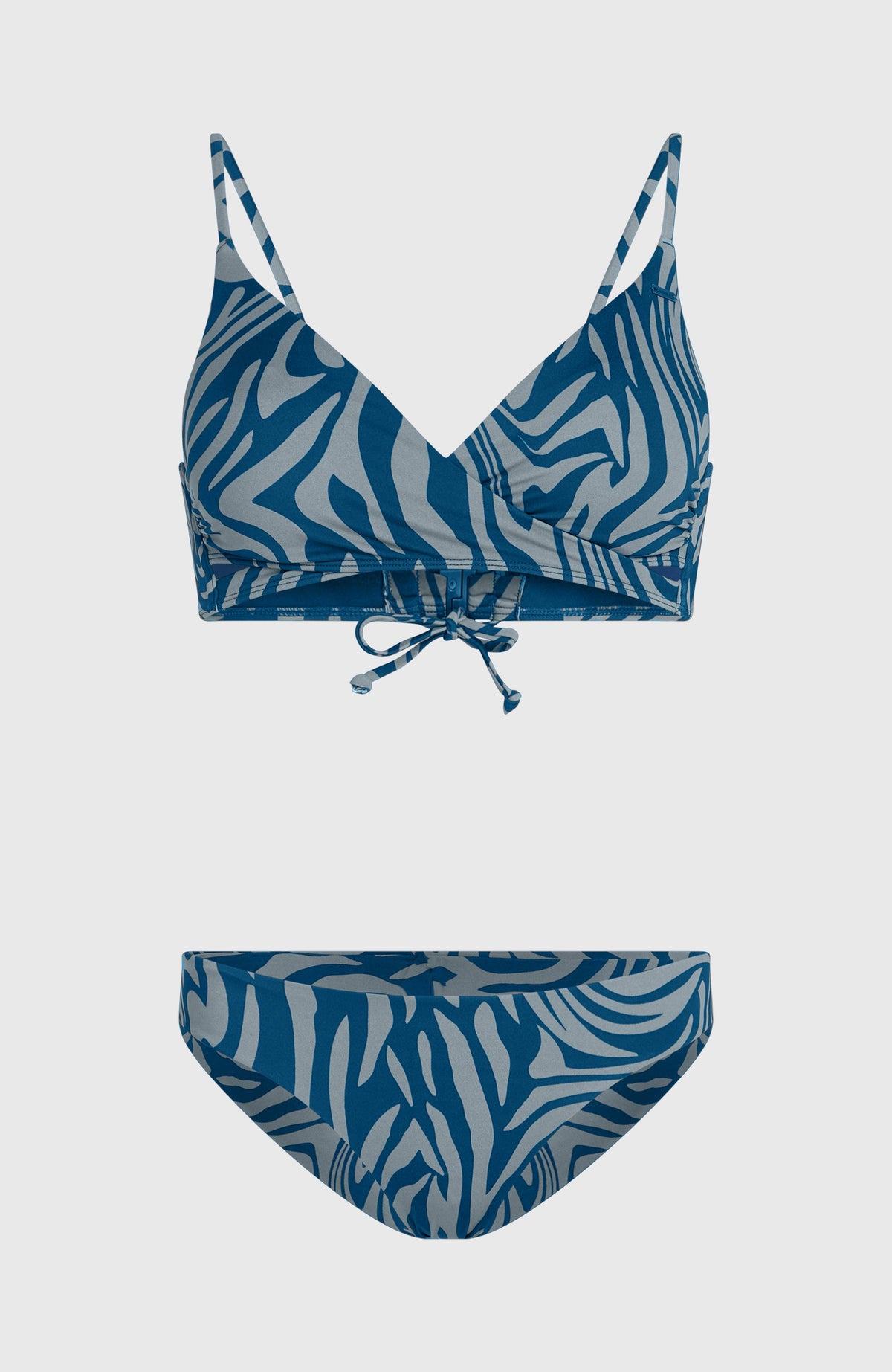 Baay Maoi Bikini-Set für Damen, blau mit Zebramuster in Hellblau, freigestellt von vorne, Oberteil und Hose