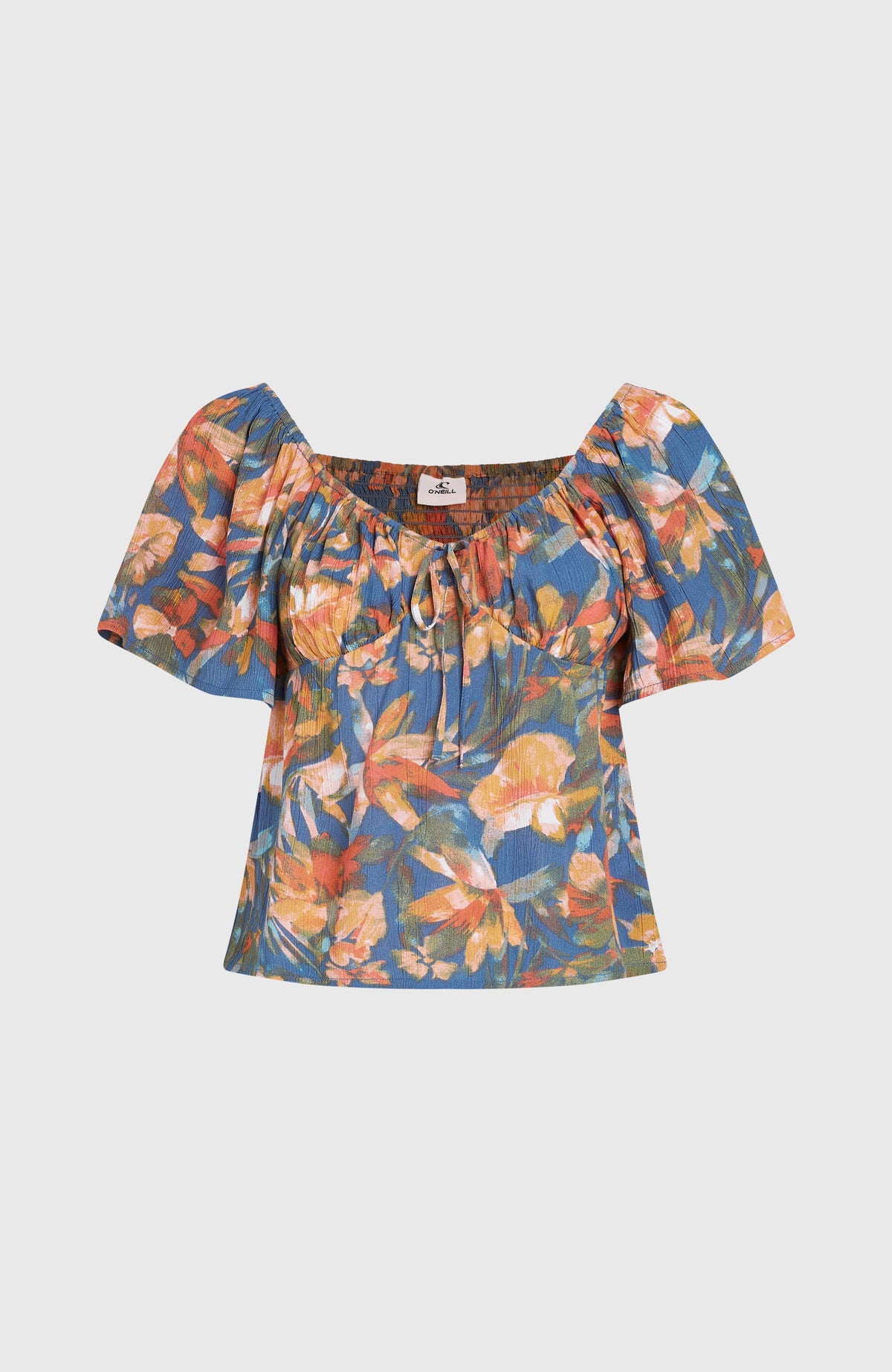 Huges Web-Oberteil für Damen, blau mit Blumenmuster in Orange, freigestellt von vorne