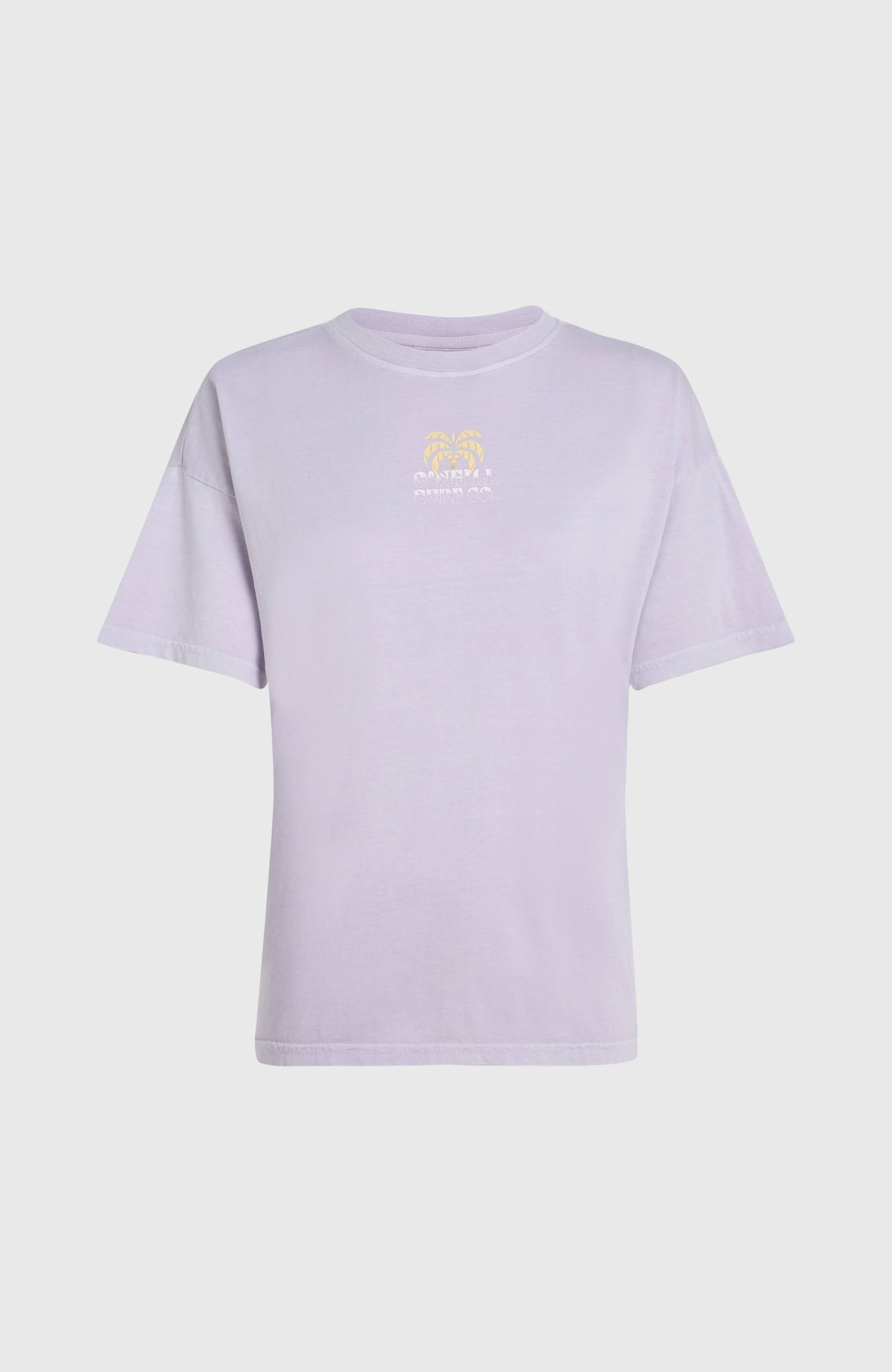 Beach Vintage T-Shirt für Damen, lila mit Palmen-Print in Gelb, freigestellt von vorne