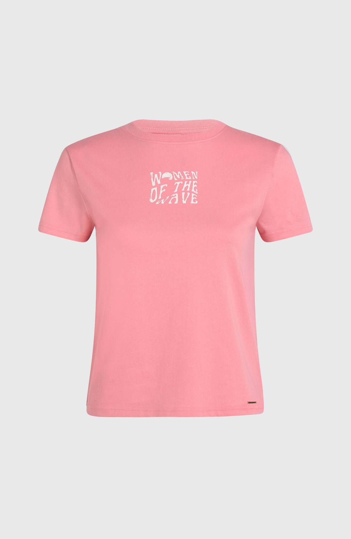 Women of the Wave T-Shirt für Damen, pink mit Schriftzug-Print in Weiß, freigestellt von vorne