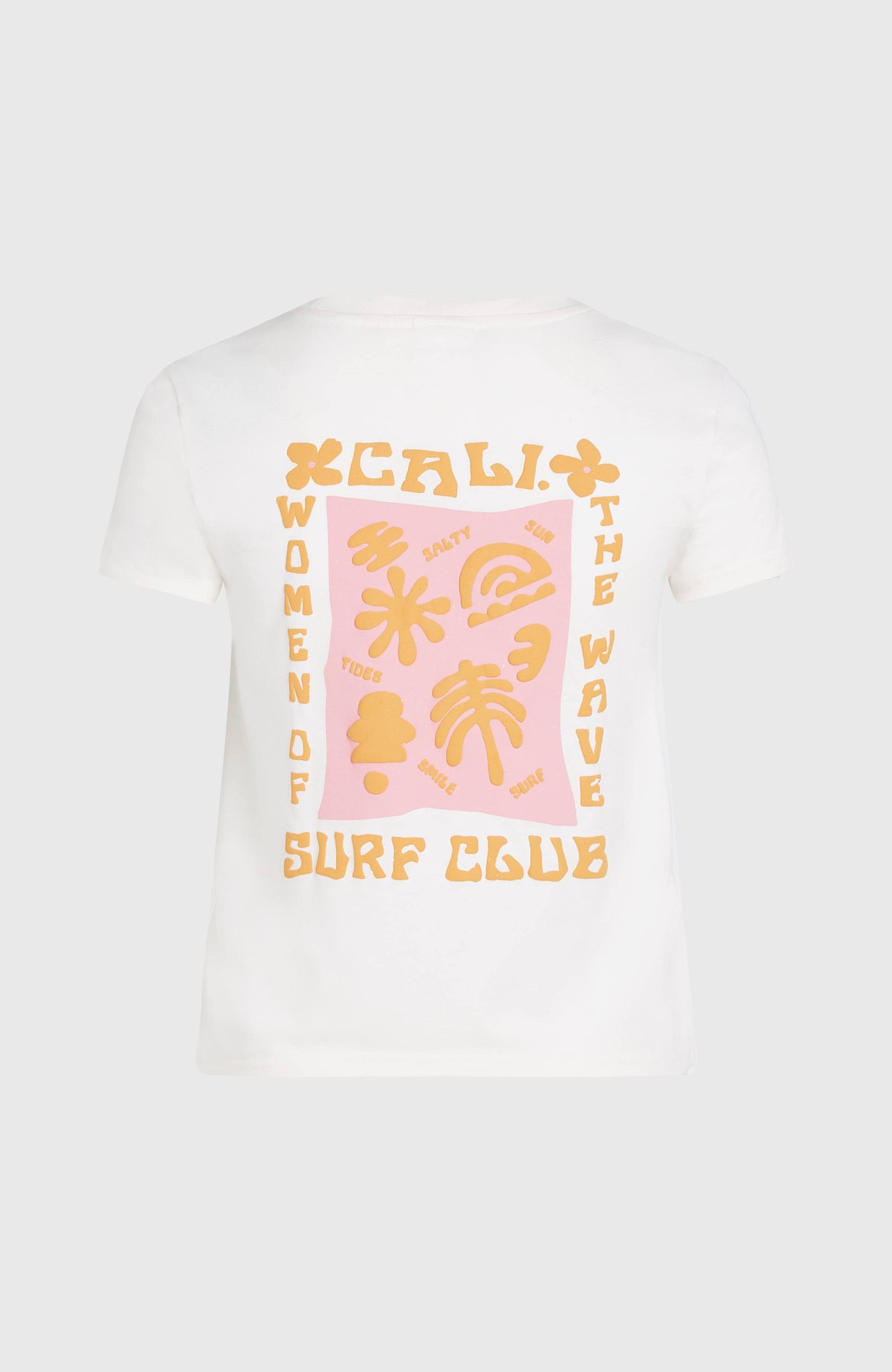 Women of the Wave T-Shirt für Damen, beige mit Grafik-Print in Rosa und Gelb, freigestellt von hinten