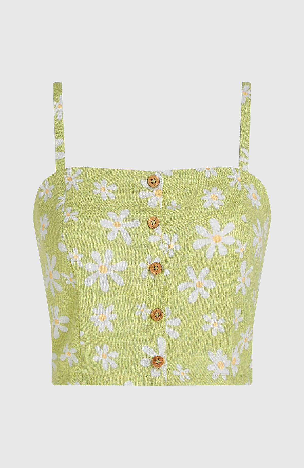 Beach Vintage Cropped Top, grün mit Blumenmuster in Weiß, freigestellt von vorne mit Knopfleiste
