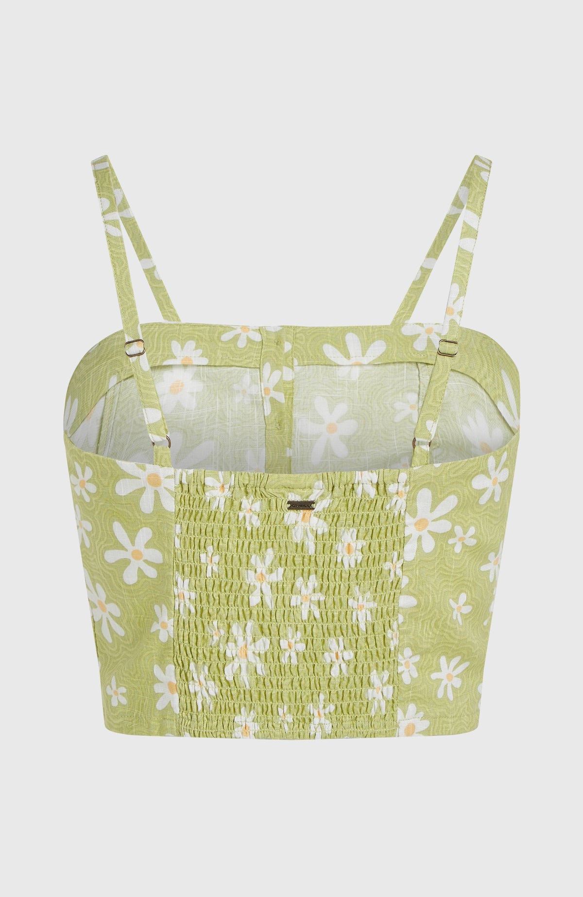 Beach Vintage Cropped Top, grün mit Blumenmuster in Weiß, freigestellt von hinten mit elastischem Smokeinsatz