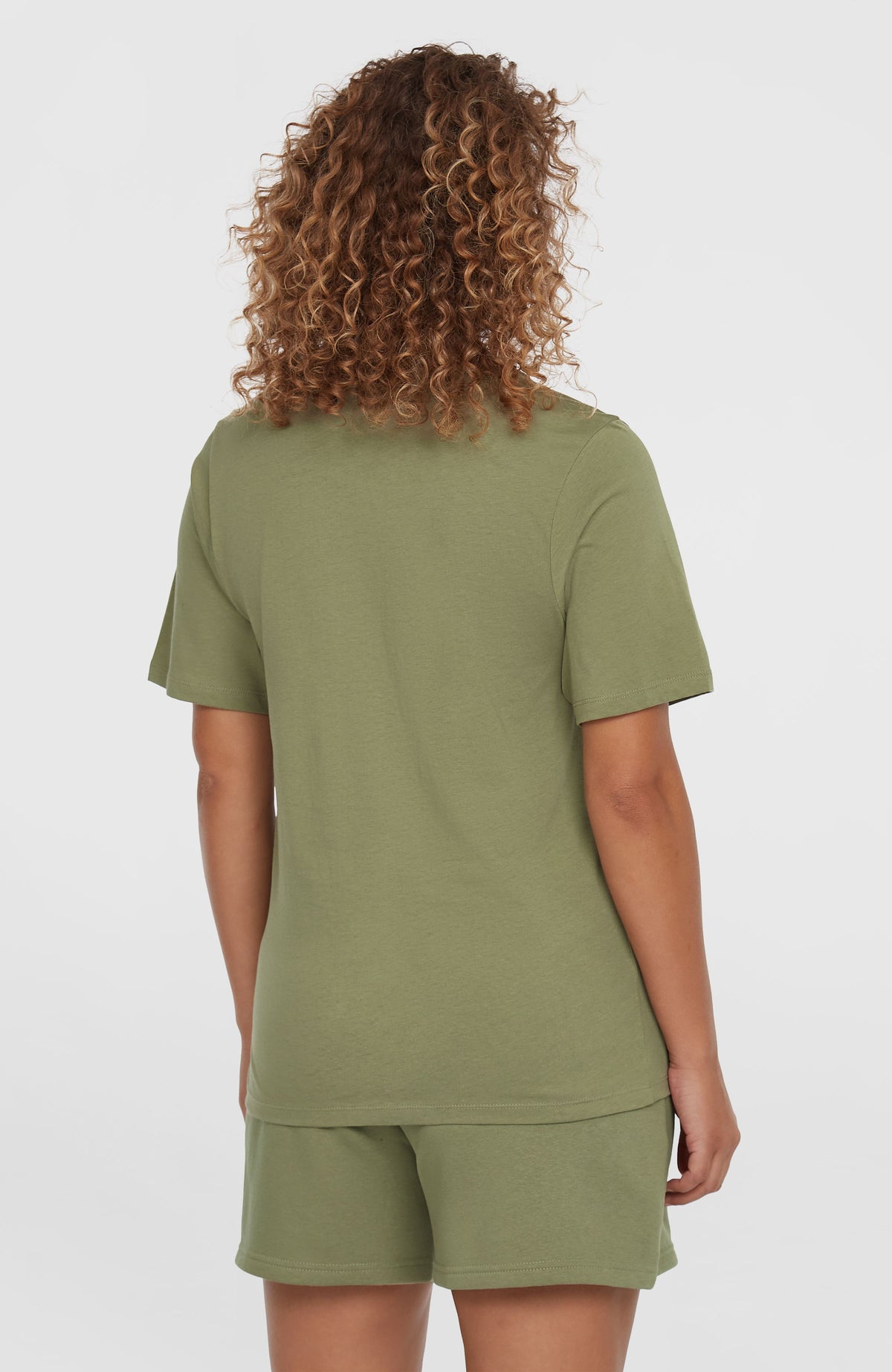 Future Surf Society T-Shirt für Damen, grün mit Logo-Print in Weiß, klassische Rückansicht getragen am Model