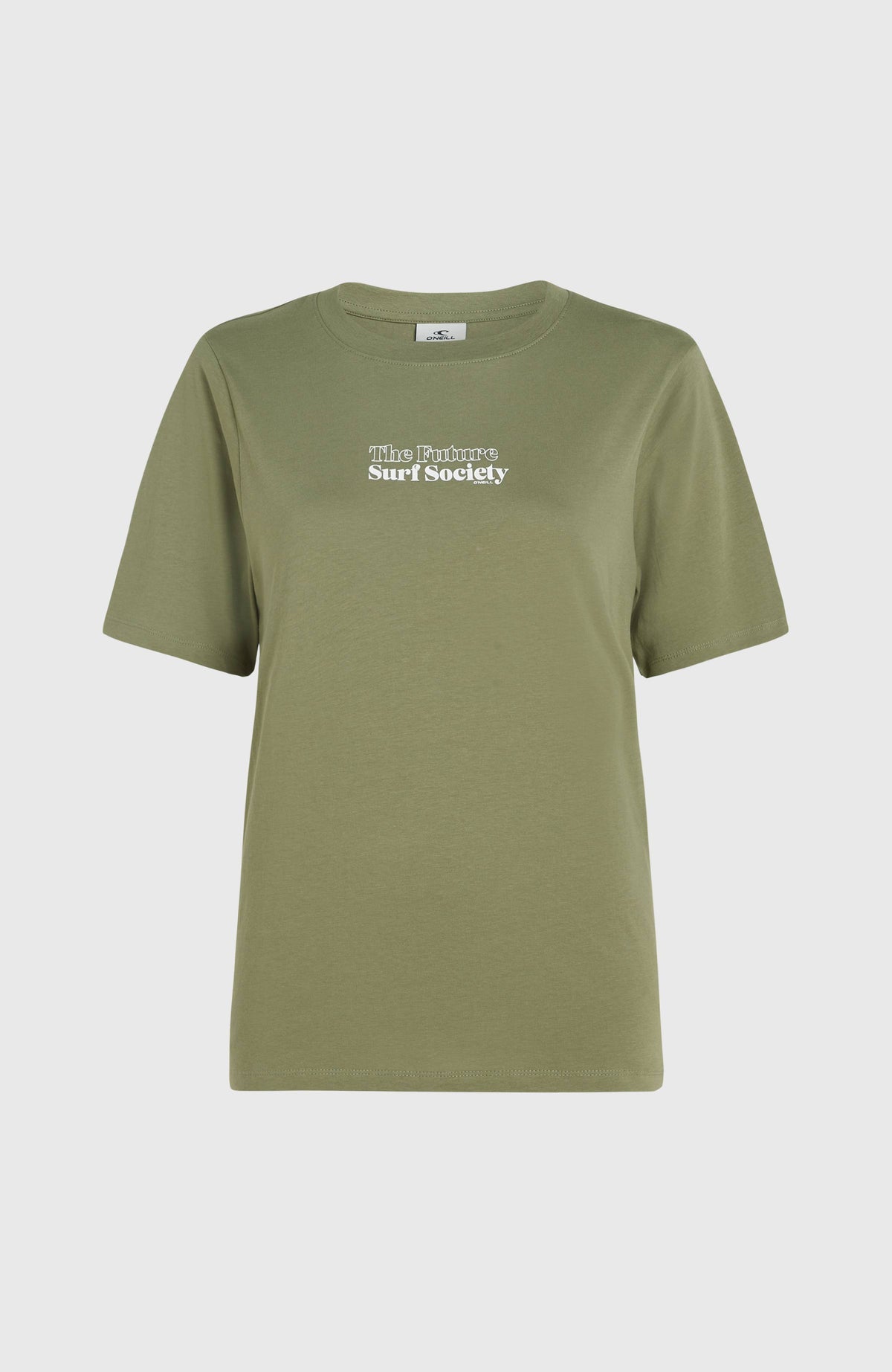 Future Surf Society T-Shirt für Damen, grün mit Logo-Print in Weiß auf der Brust, freigestellt von vorne