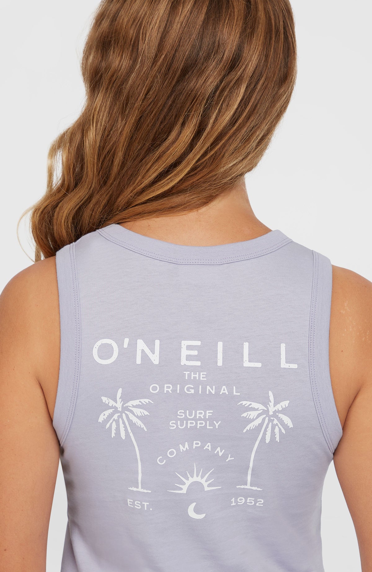 Summer Must Haves Graphic Tanktop für Damen, lila, Nahaufnahme der Rückseite mit Logo-Print in Weiß