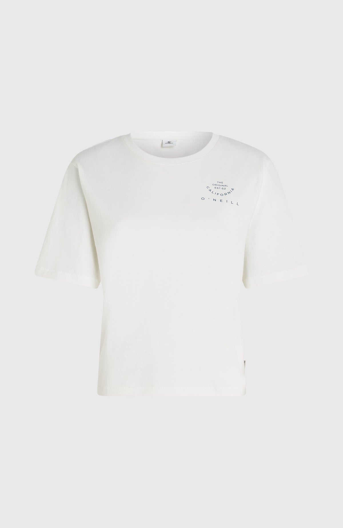 Summer Must Haves Back Print T-Shirt, weiß mit Grafik-Print in Blau, flach liegend von vorne mit Rundhalskragen