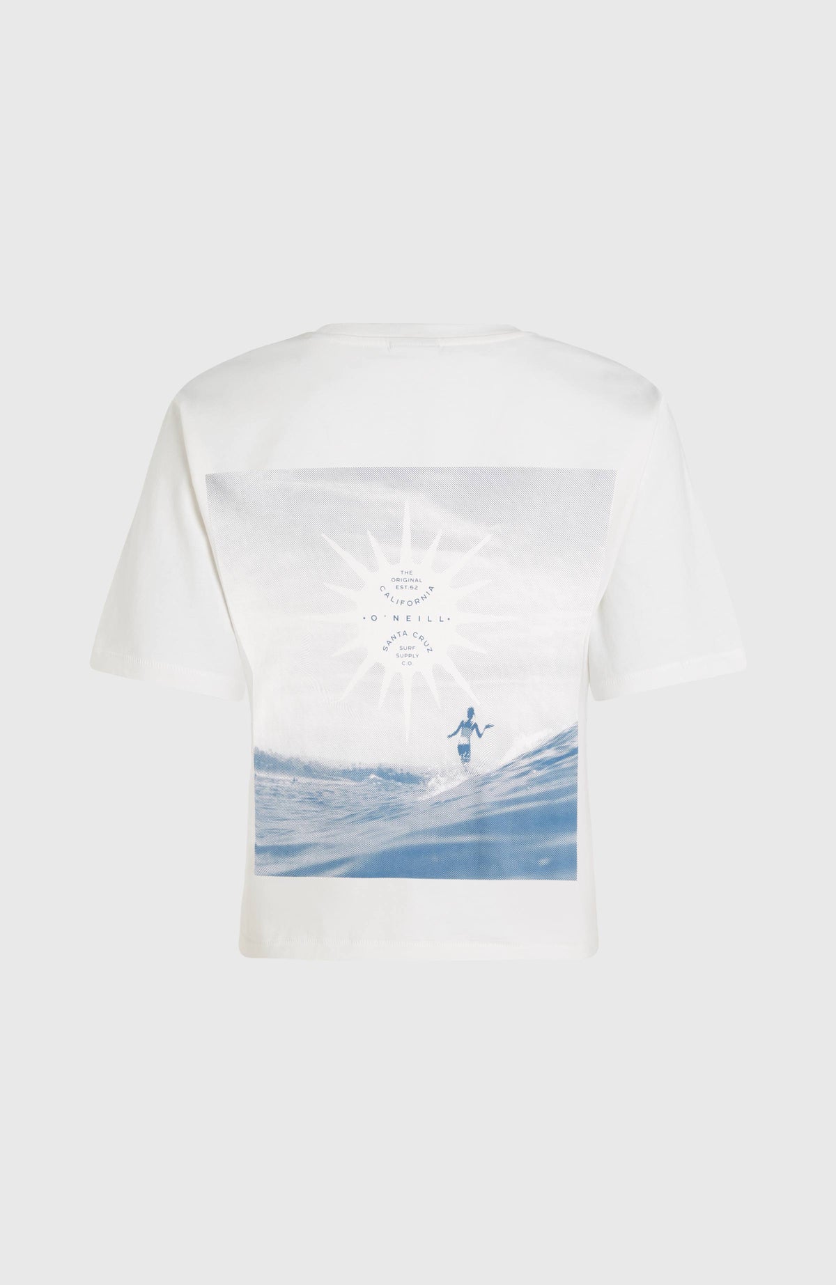 Summer Must Haves Back Print T-Shirt, weiß mit Grafik-Print in Blau, flach liegend von hinten mit Rückenprint